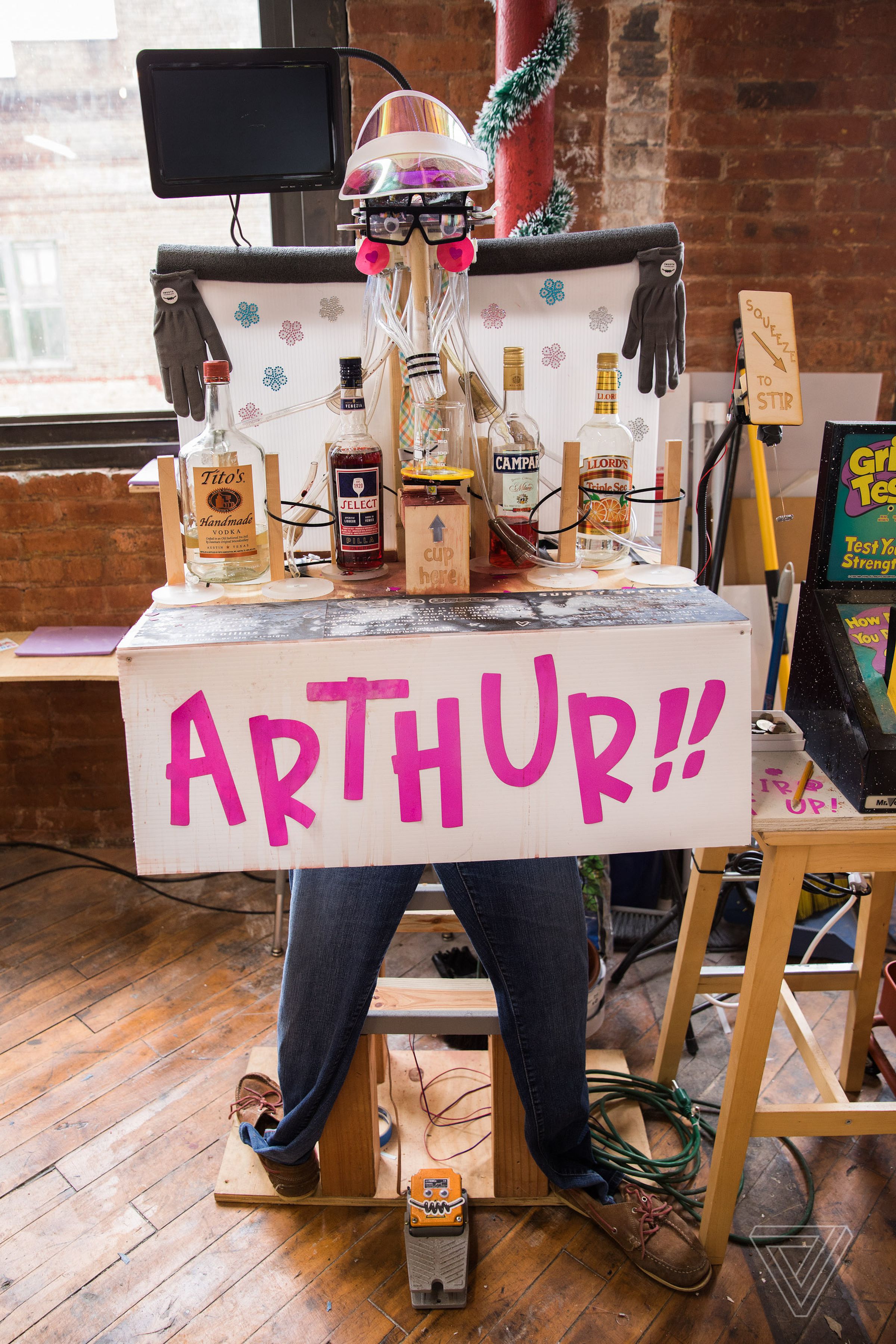 “Arthur the robotic bartender was an idea from Freaky Friday,” says Sheinkopf. “This was just for fun, but it turned into one of the hardest and most time-consuming projects we’ve worked on in a long time just because we just kept leveling it up and leveling it up.” Arthur has its own personality, with speech control, machine learning, and a facial recognition camera.