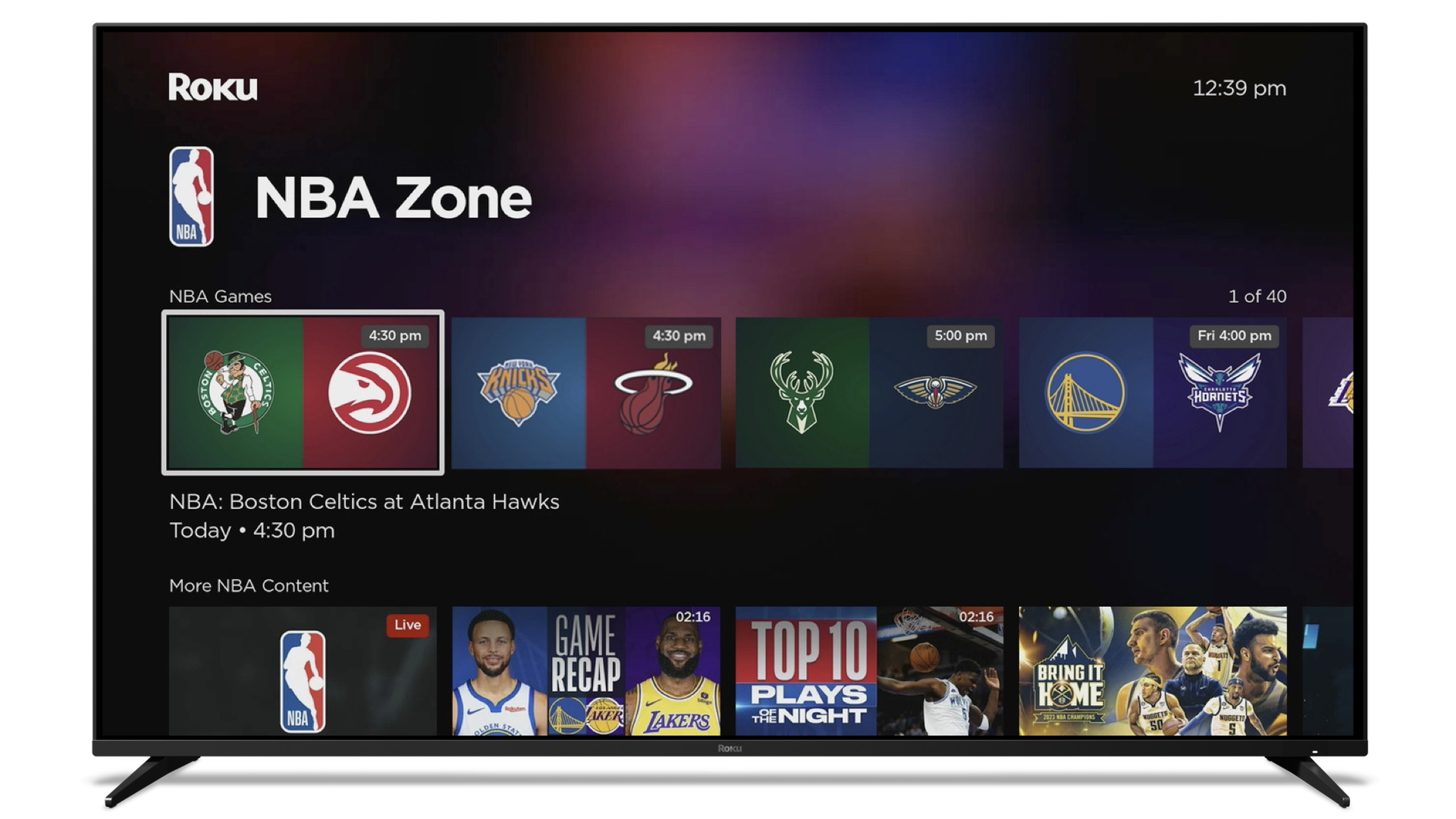 TV showing the “NBA Zone” free ad-supported channel on a Roku TV.