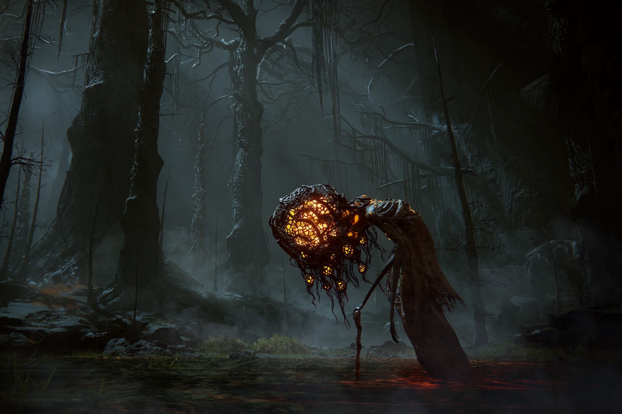 Screenshot from Shadow of the Erdtree featuring a monster with a very large glowing wasps nest for a head.