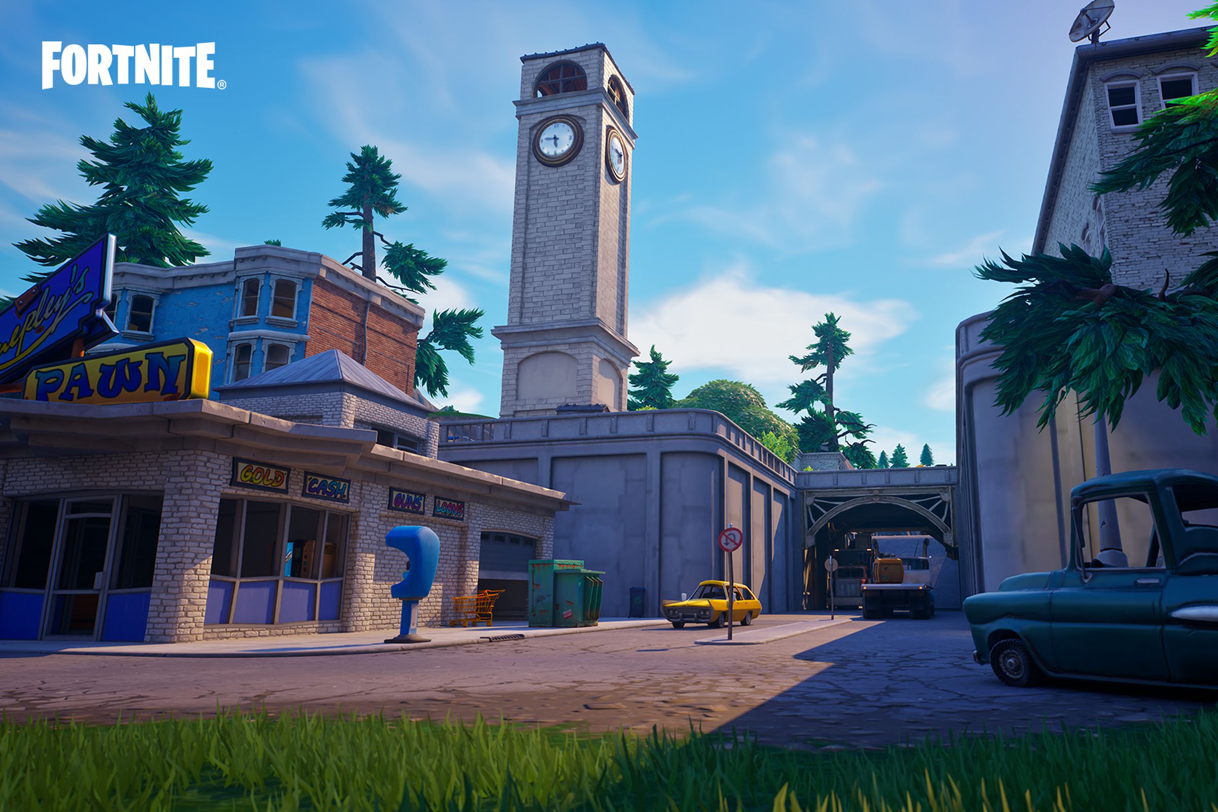 A screenshot of Tilted Towers in Fortnite.