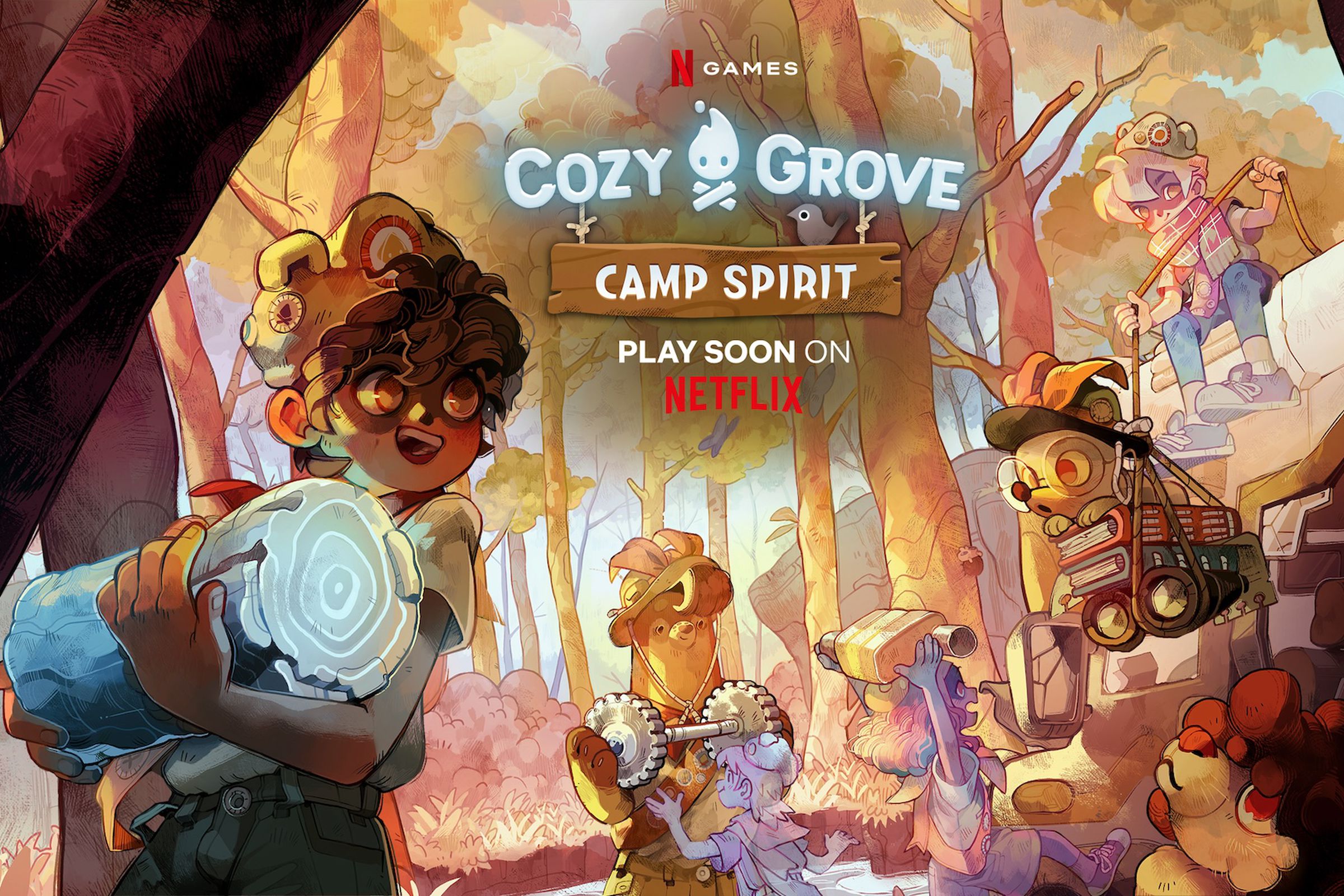 Key art from Cozy Grove: Camp Spirit featuring a human spirit scout carrying a ghostly white log of spirit wood in a forest environment with the Cozy Grove: Camp Spirit and Netflix logos in the center top of the image.