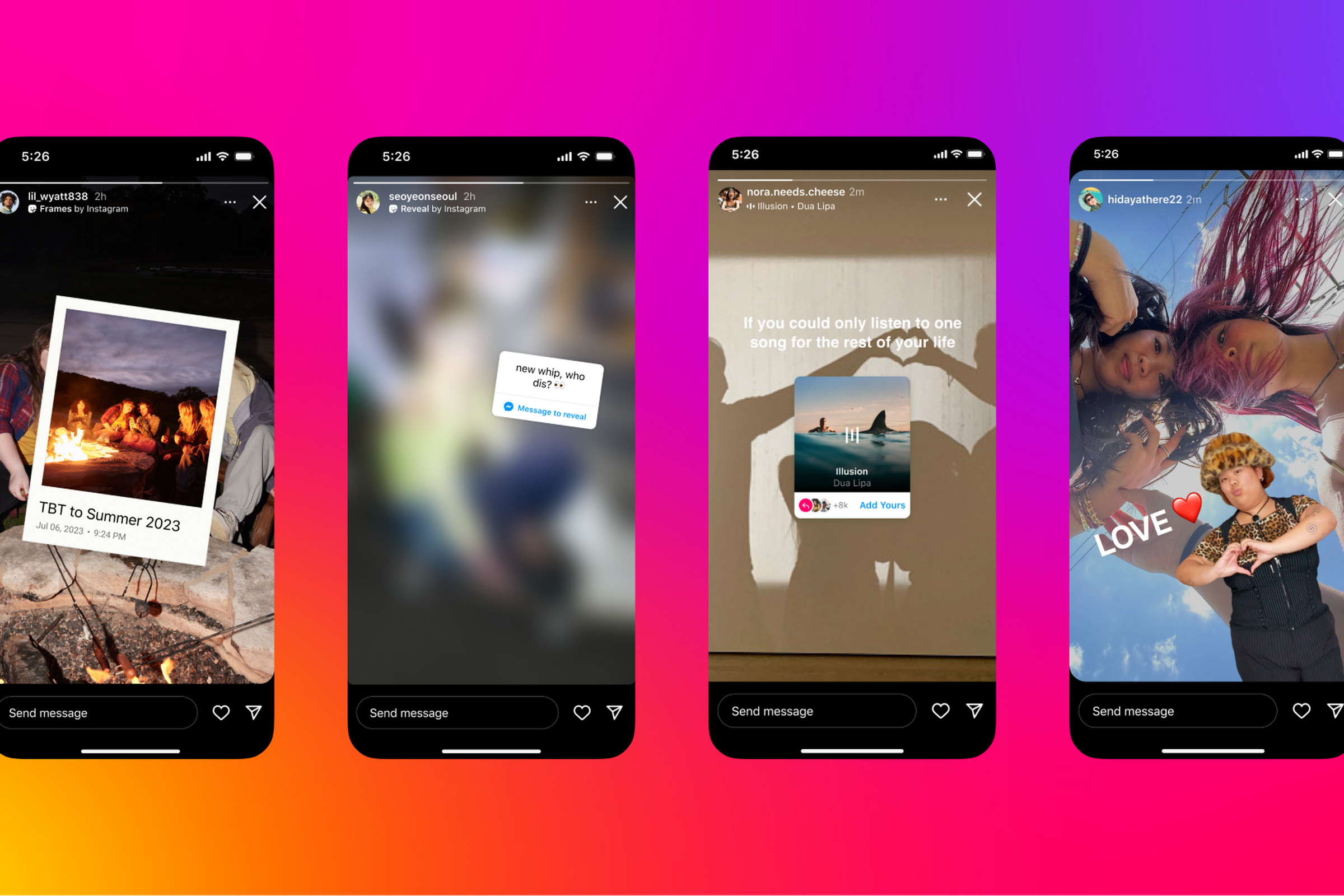 Instagram stickers featuring new photo frames, a blurring effect, and music sharing features.