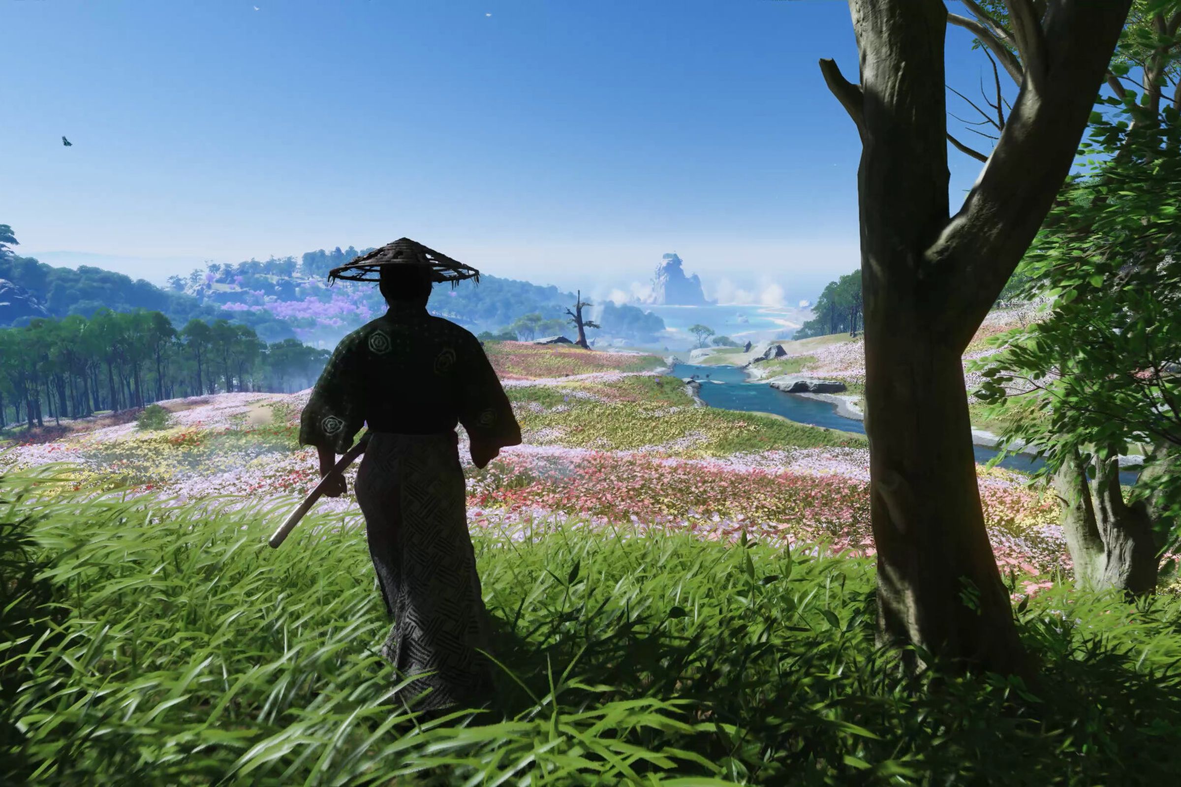 Screenshot from Ghost of Tsushima showing a character overlooking a field, with hills and mountains in the background.