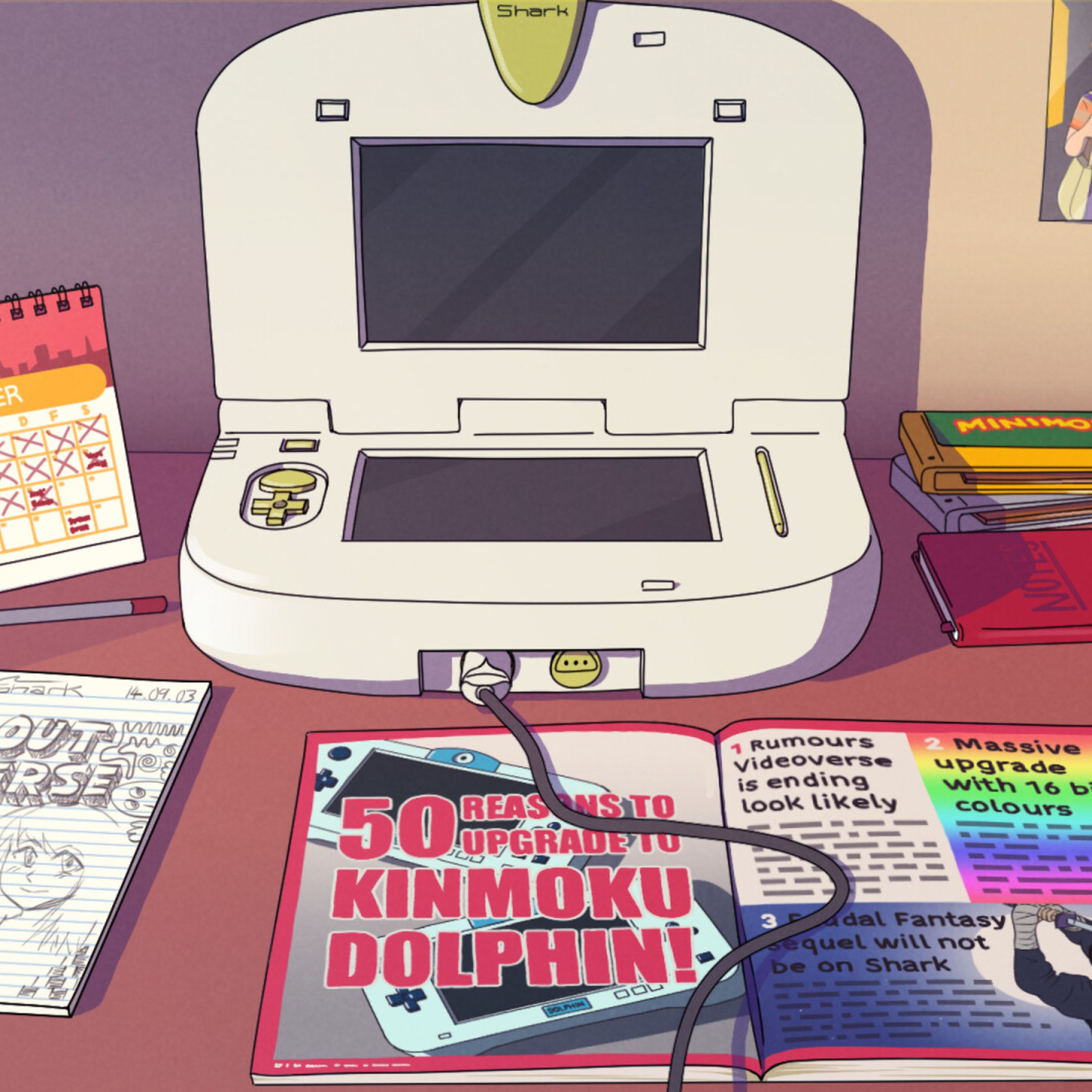 A screenshot from the video game Videoverse, depicting a cartoon desk with a laptop and various other knick knacks.