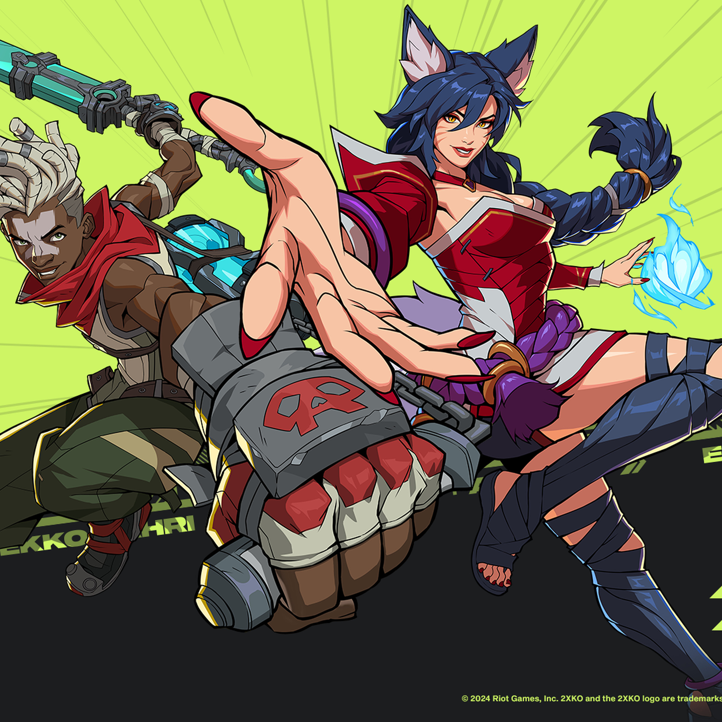 Image of two 2XKO characters Ekko an African man with darkskin and white dreadlocks next to Ahri a lightskinned woman with dark blue hair and fox ears. Both characters are reaching toward the viewer.
