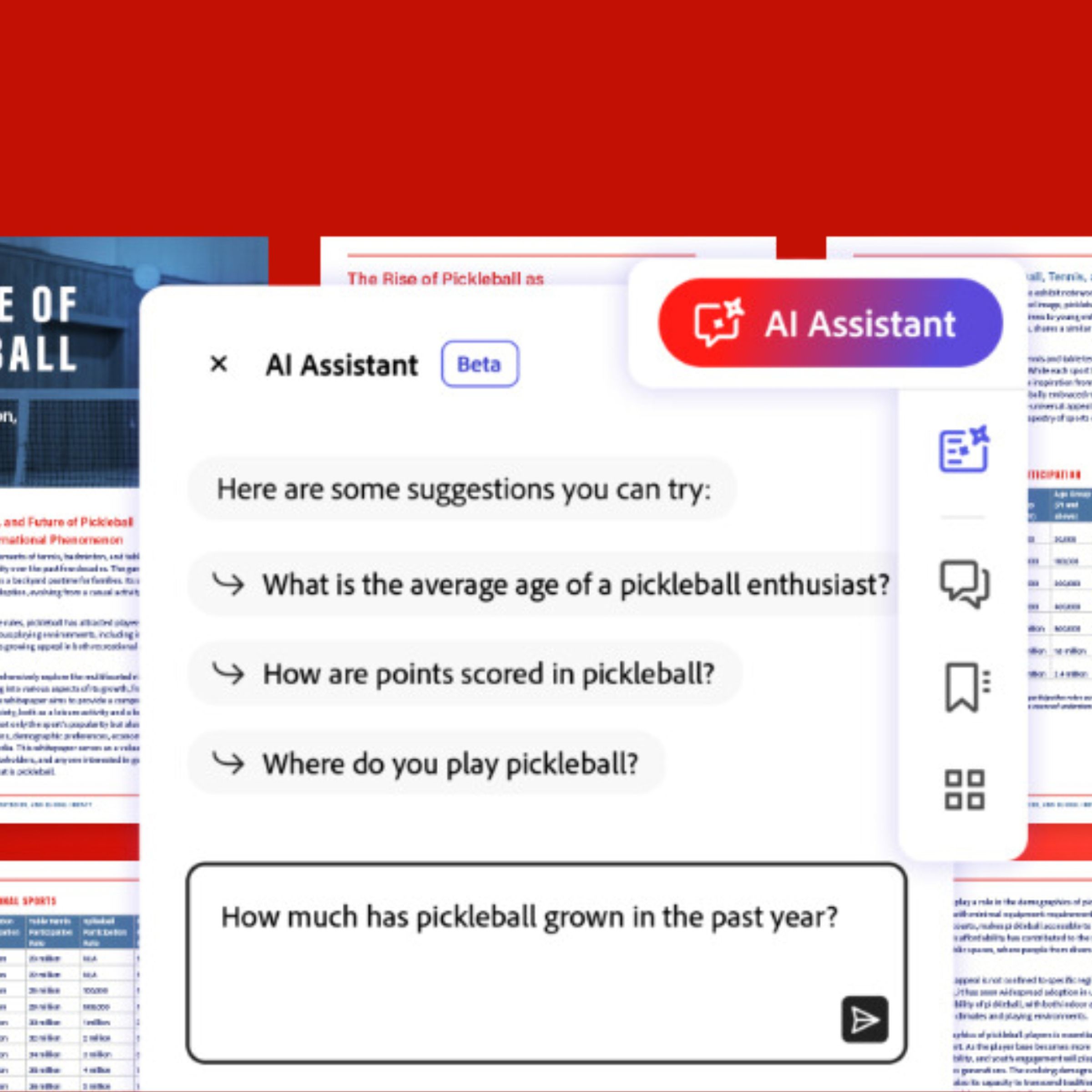 A screenshot taken of Adobe Acrobat’s AI Assistant suggesting questions about pickleball.