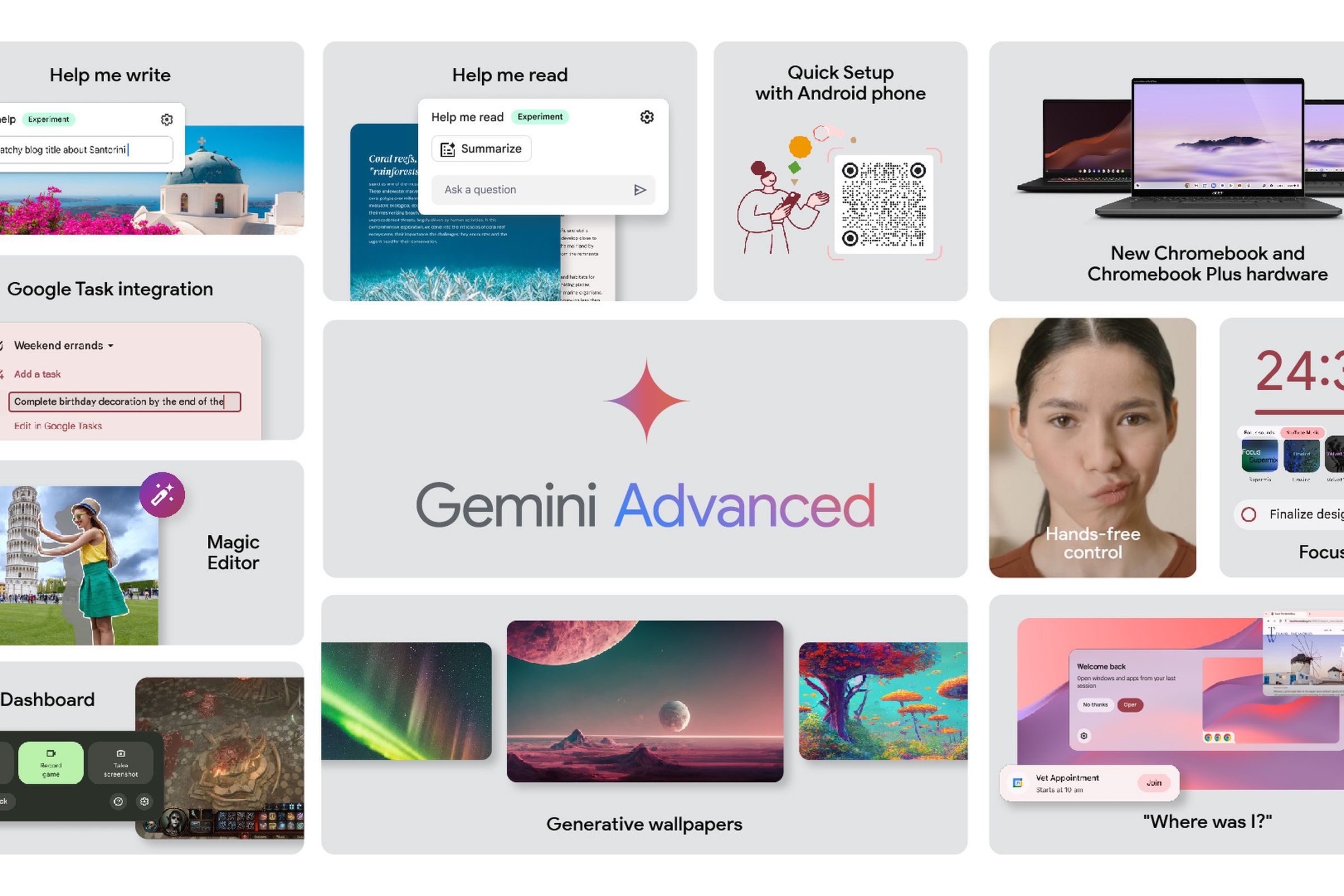 An infographic with several different boxes of information regarding Gemini on Google Chromebook Plus devices.