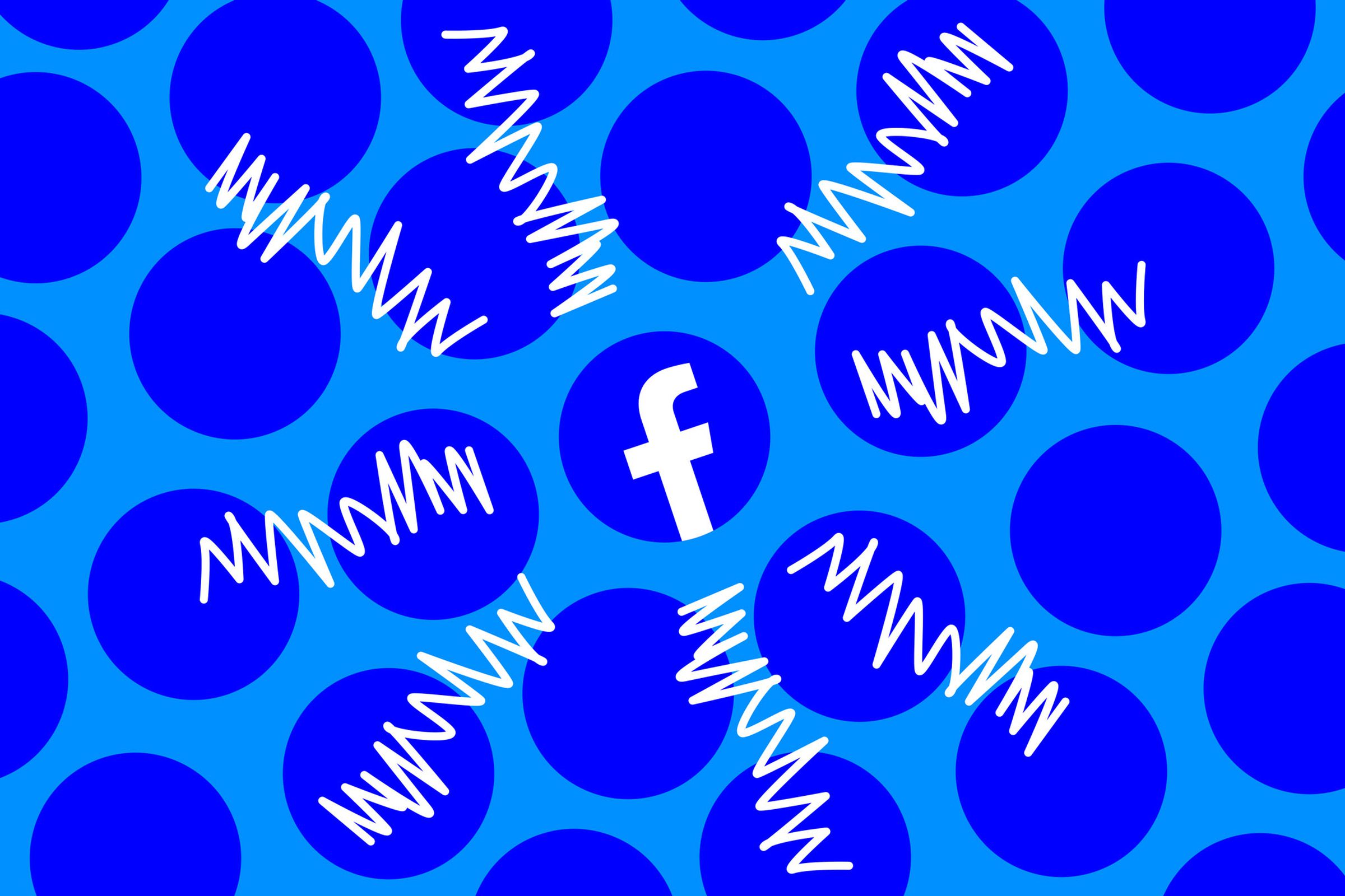 A Facebook logo surrounded by blue dots and white squiggles.
