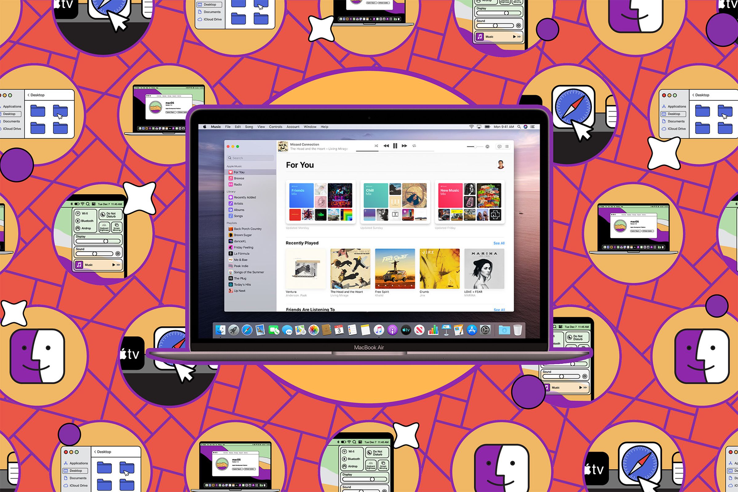 A MacBook with Apple Music open on a background dotted with other Apple icons.