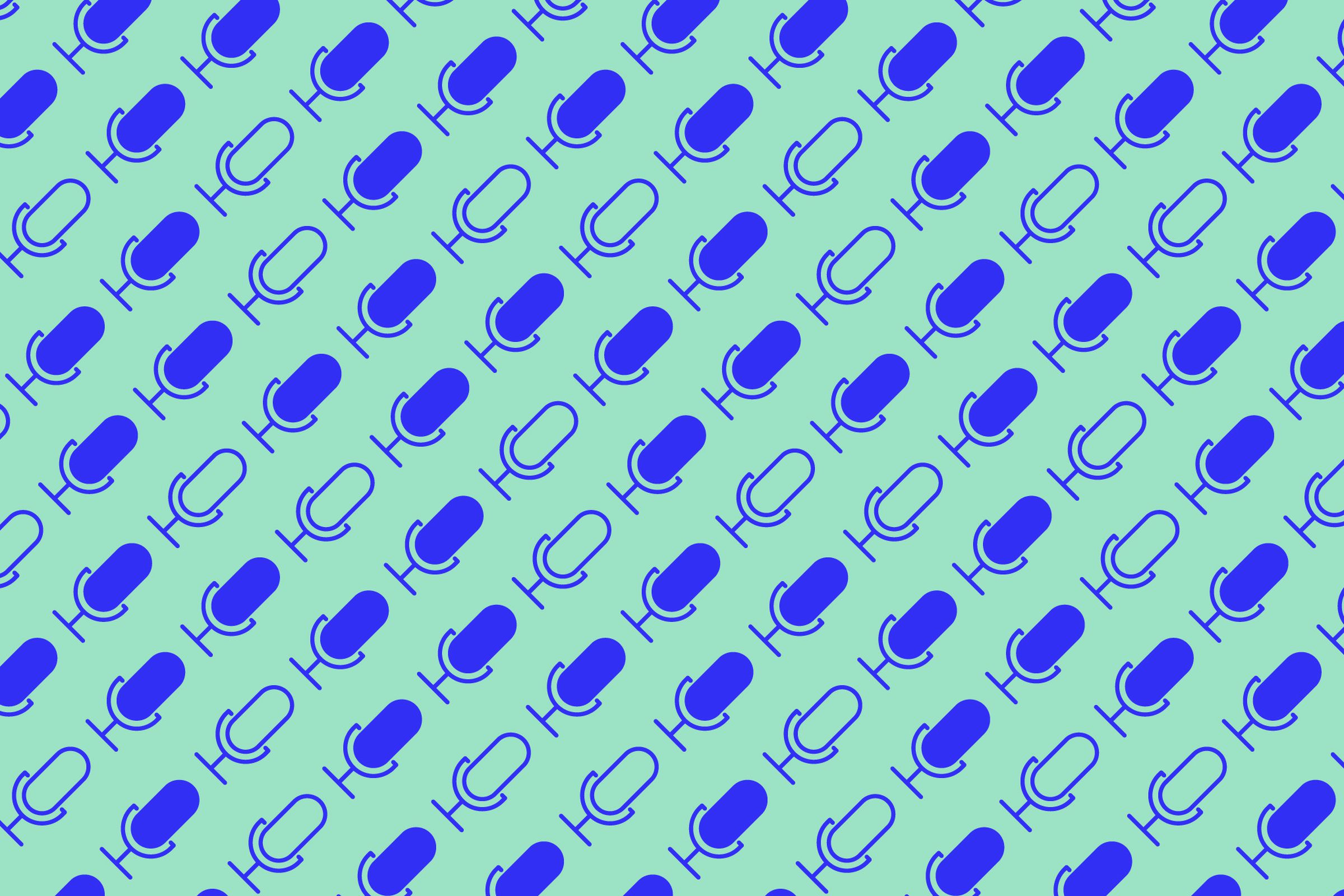 Illustration of a series of blue microphones on a teal background.