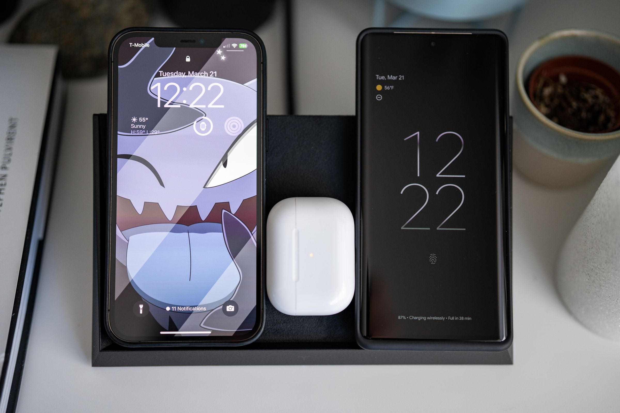 Your three simultaneously charging devices could, in theory, be a trio of phones. But with the size of most phones today, it’s likely going to be a pair and some earbuds that juuust fit.