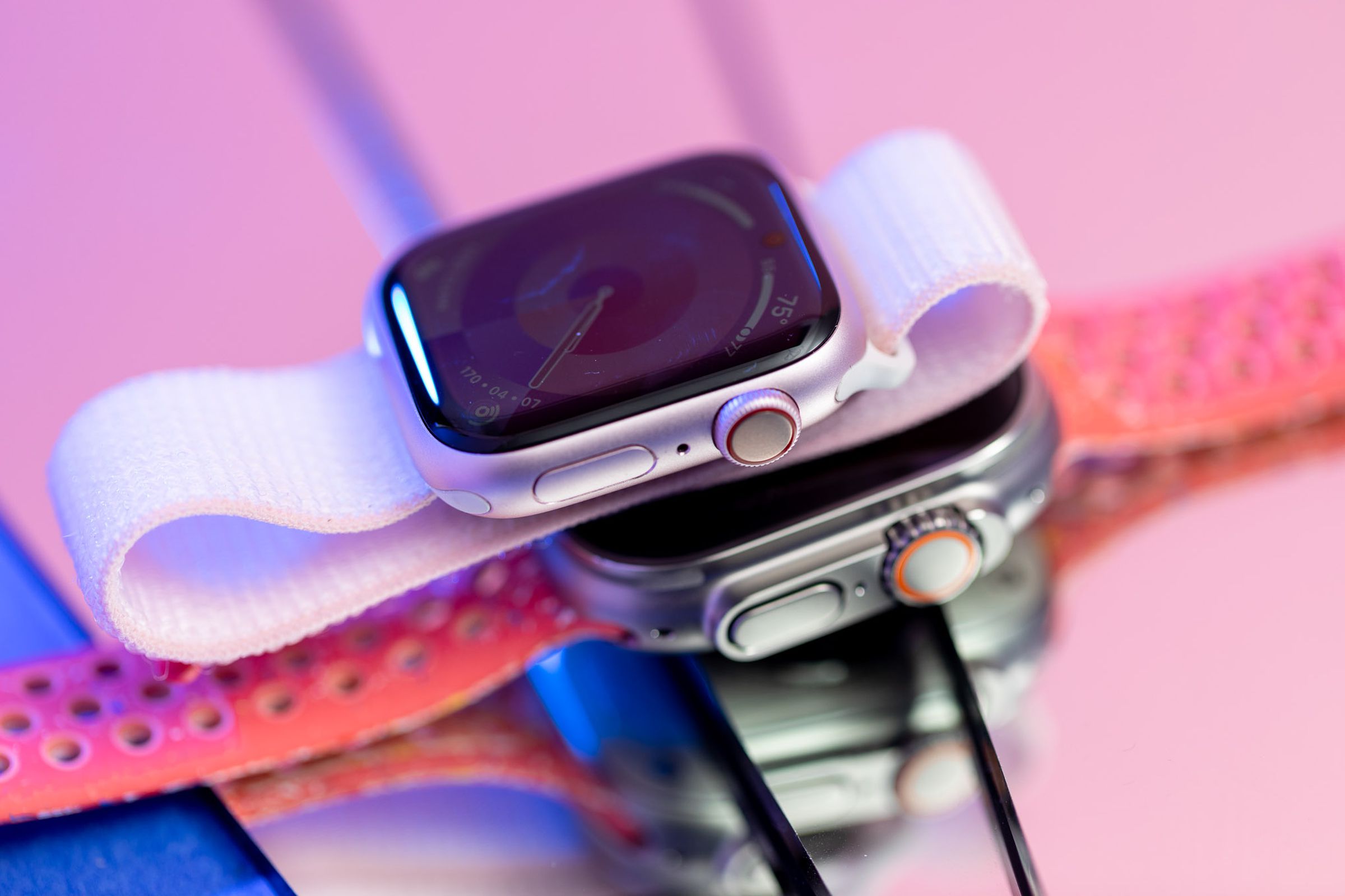 The Apple Watch Series 9 on top of the Ultra 2