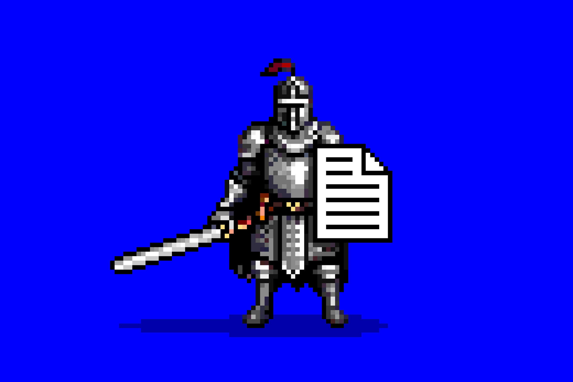 Pixel illustration of a knight holding a text file as a shield.