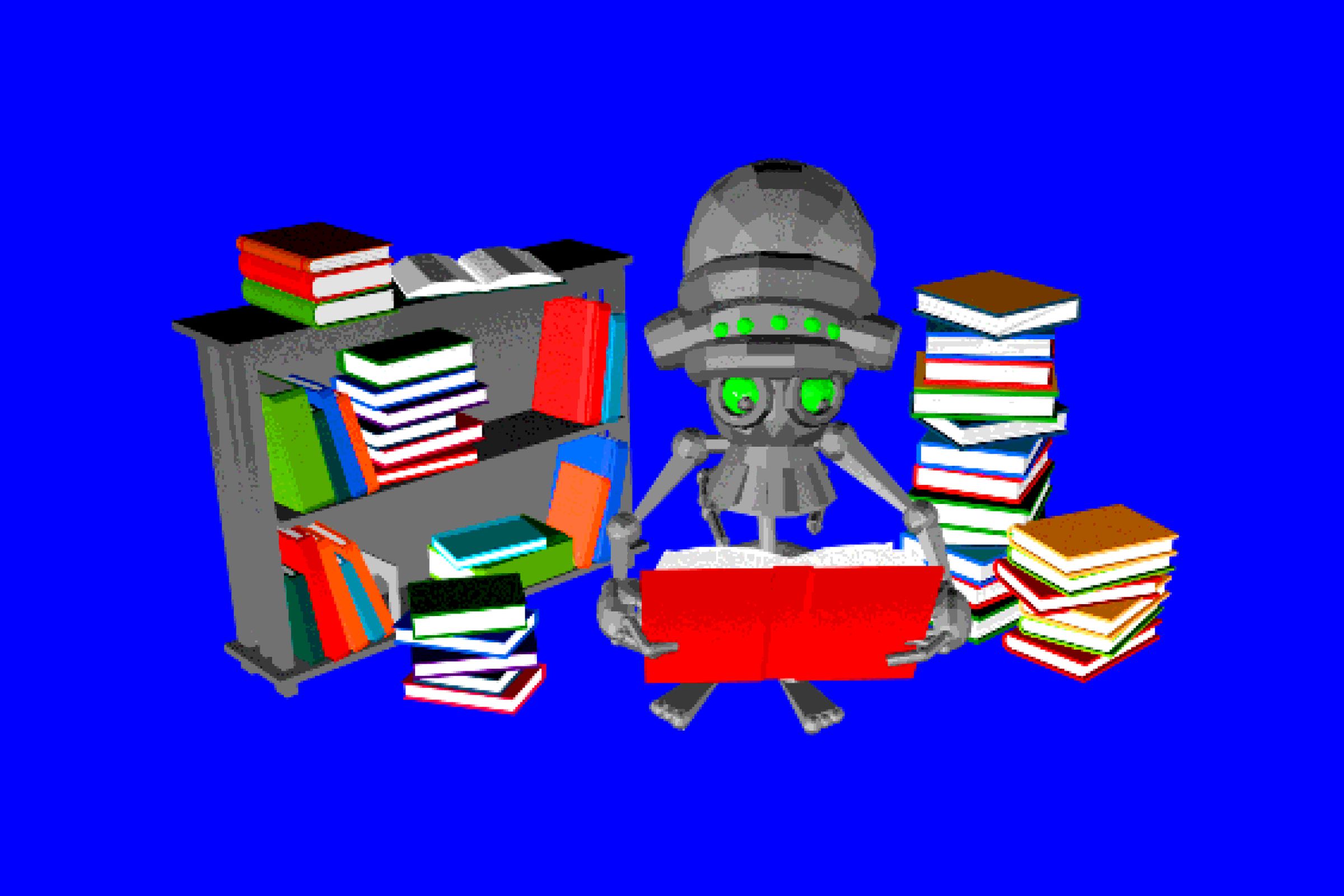 3D illustration of a robot reading lots of books.
