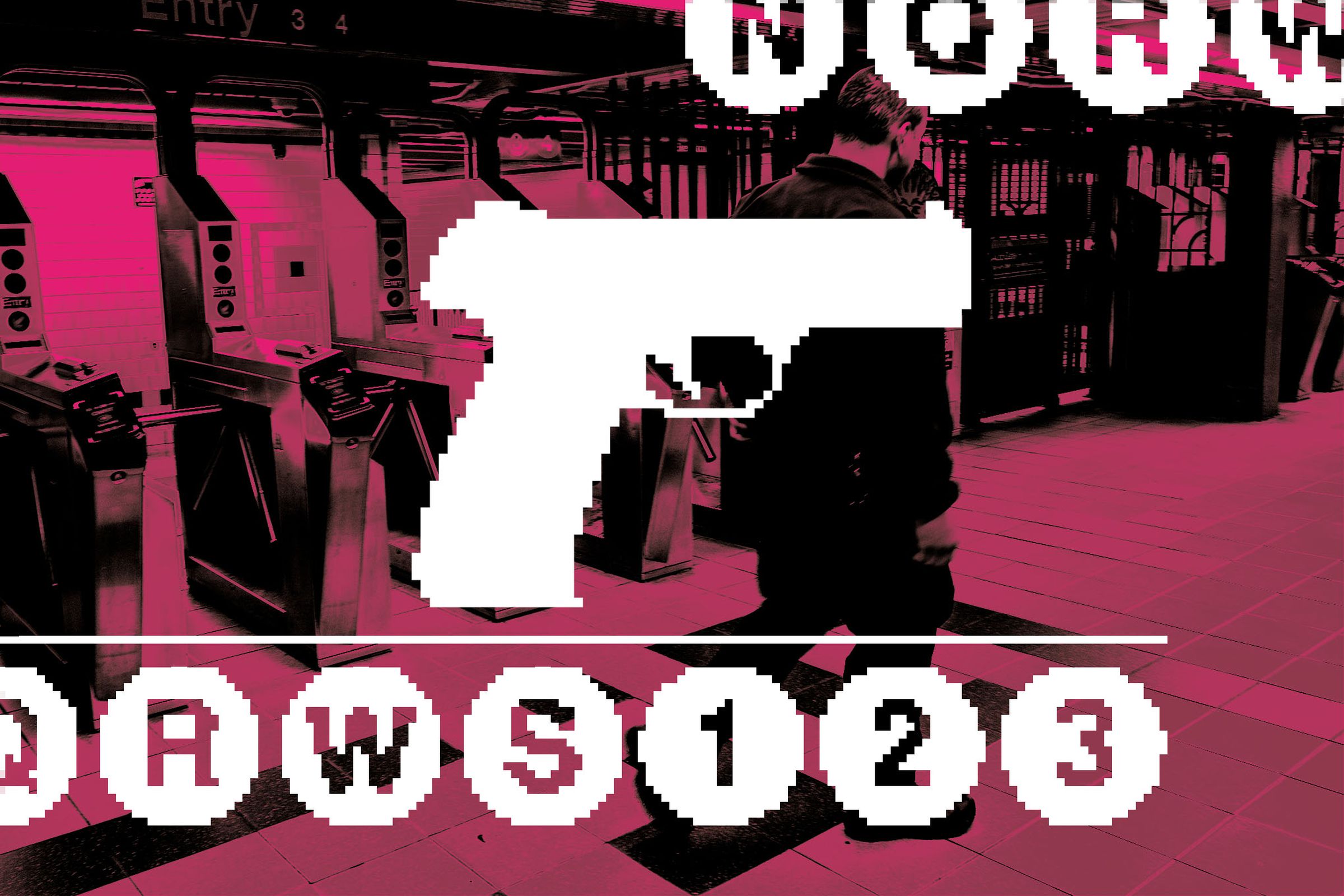 Photo illustration of an NYPD officer in a subway station behind a pixelated gun.