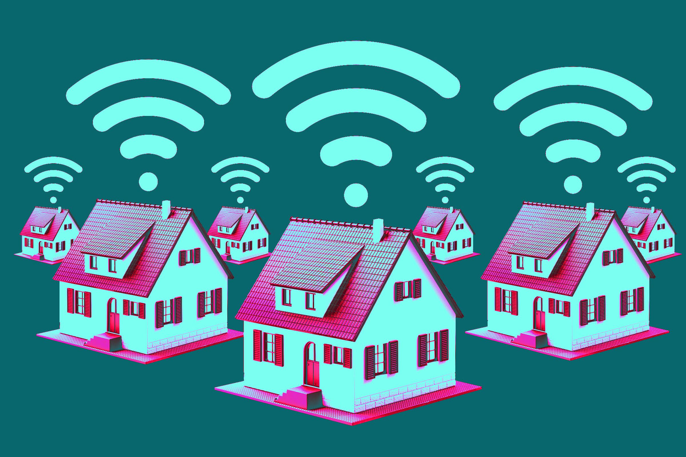 Photo illustration of houses with Wi-Fi symbols.