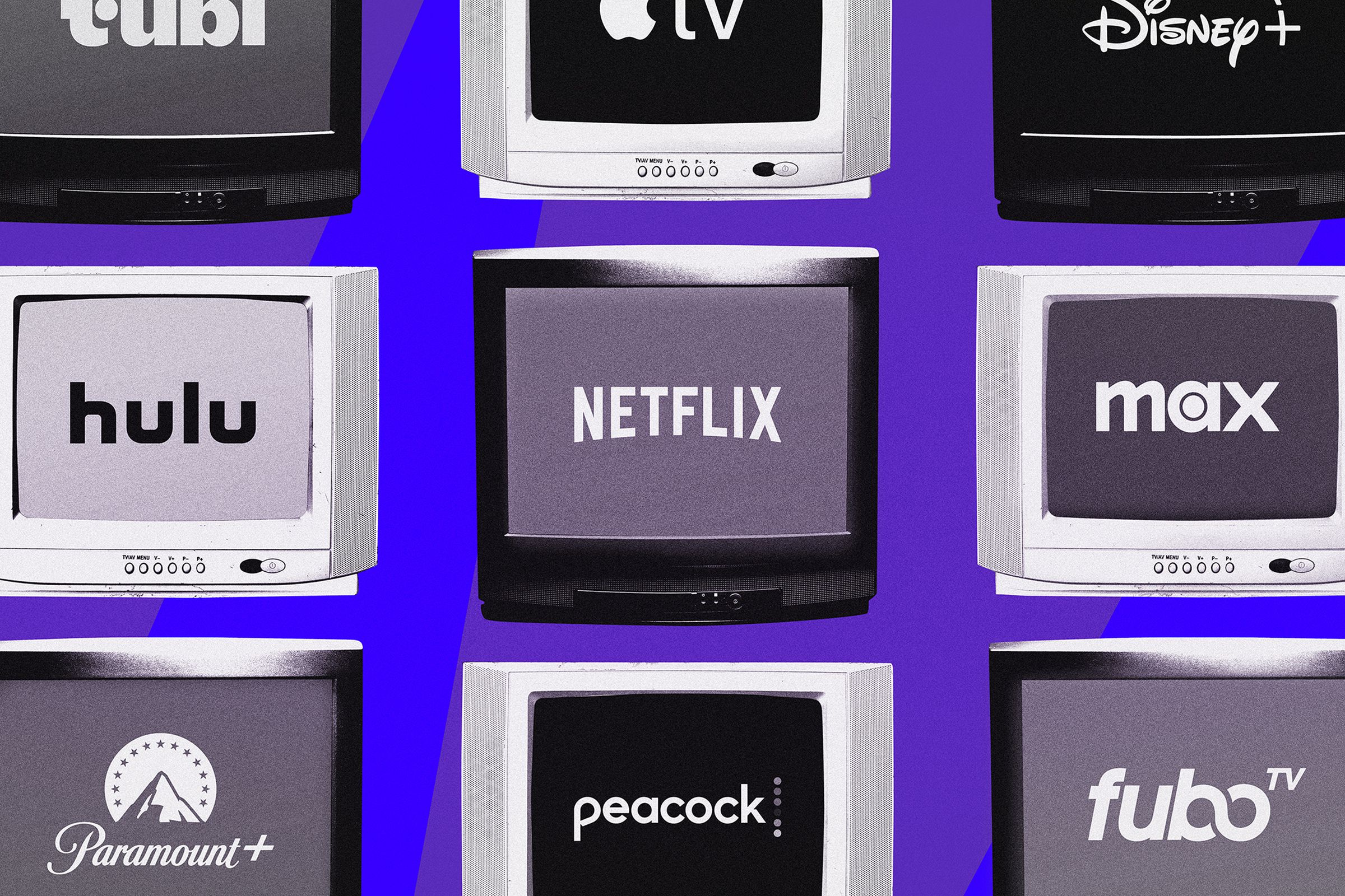 a graphic of multiple TVs displaying streaming service logos