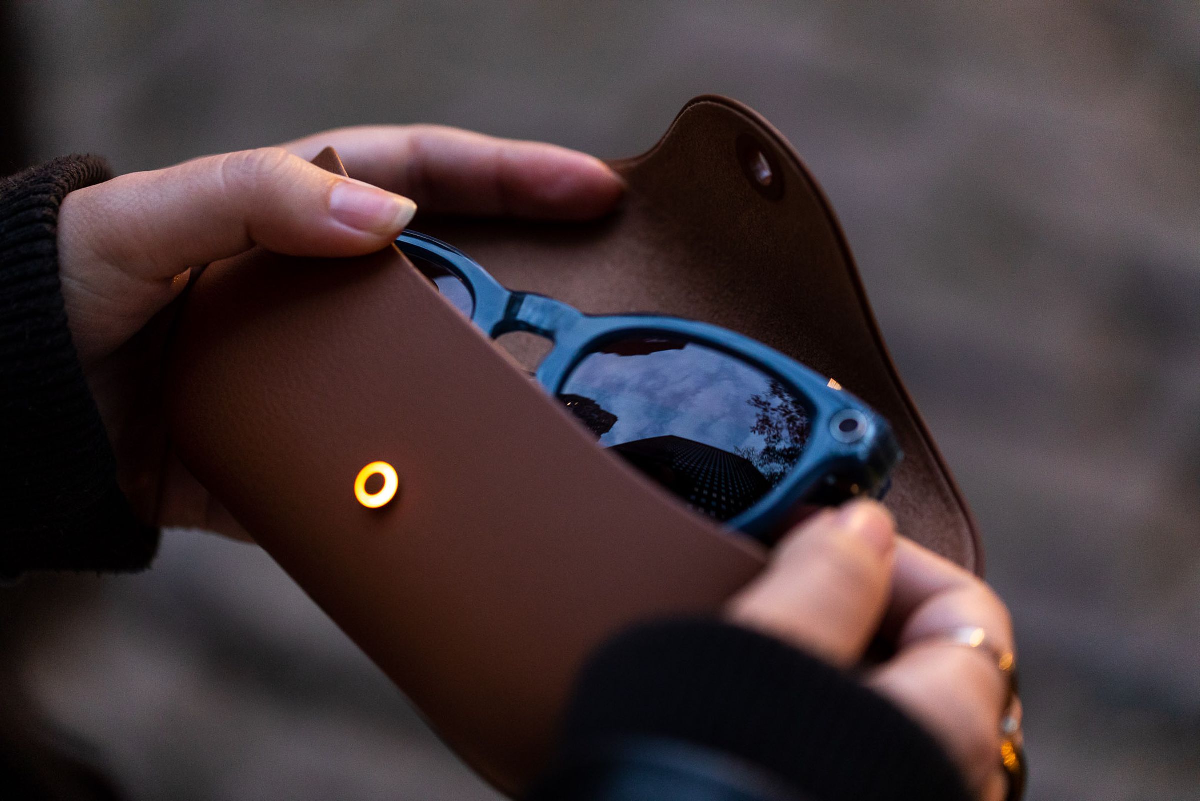 Person holding Ray-Ban Meta Smart Glasses charging case with glasses in them.