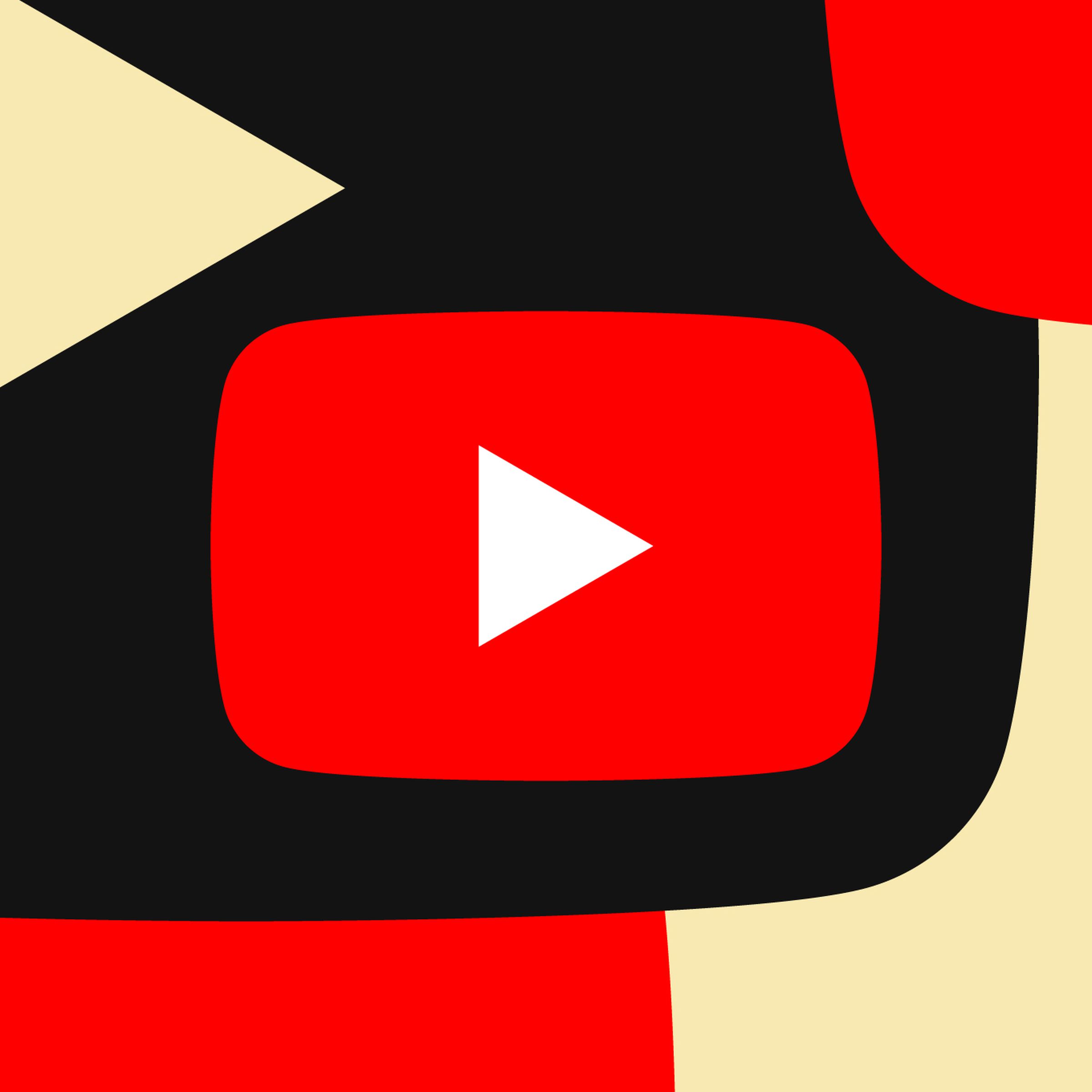 YouTube logo image in red over a geometric red, black, and cream background