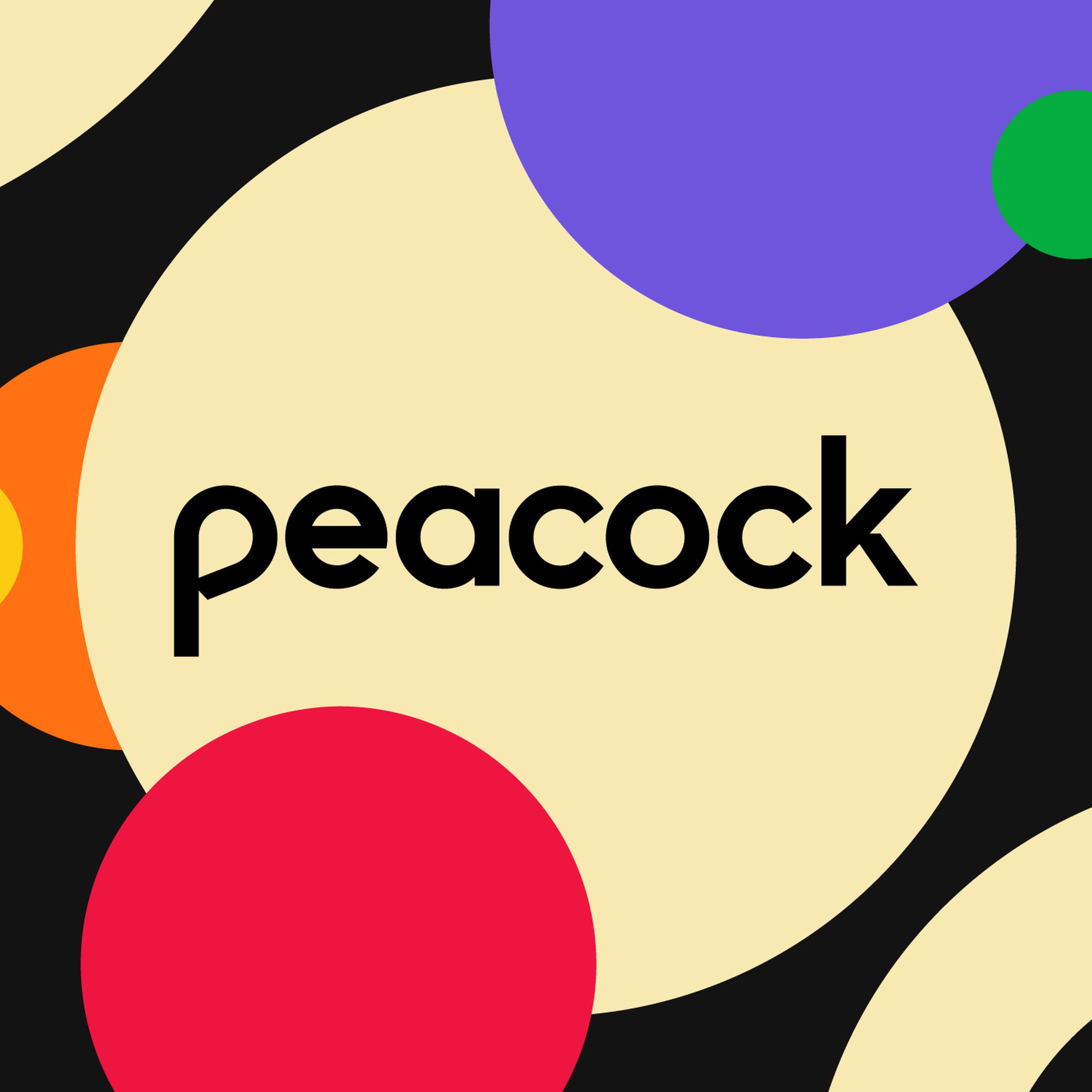 A graphic showing Peacock’s logo in a beige circle surrounded by other colorful circles