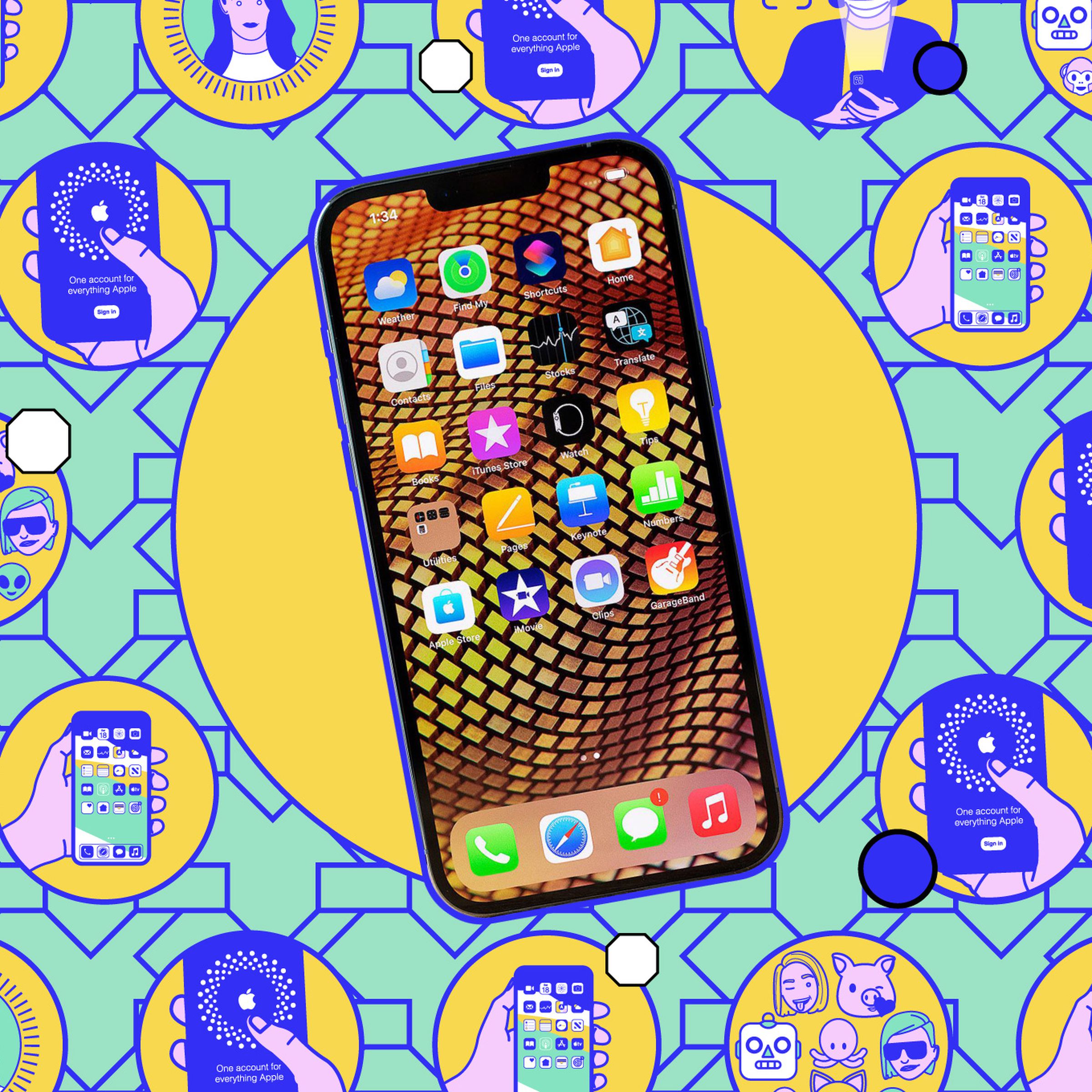 iPhone with icons and illustrated background