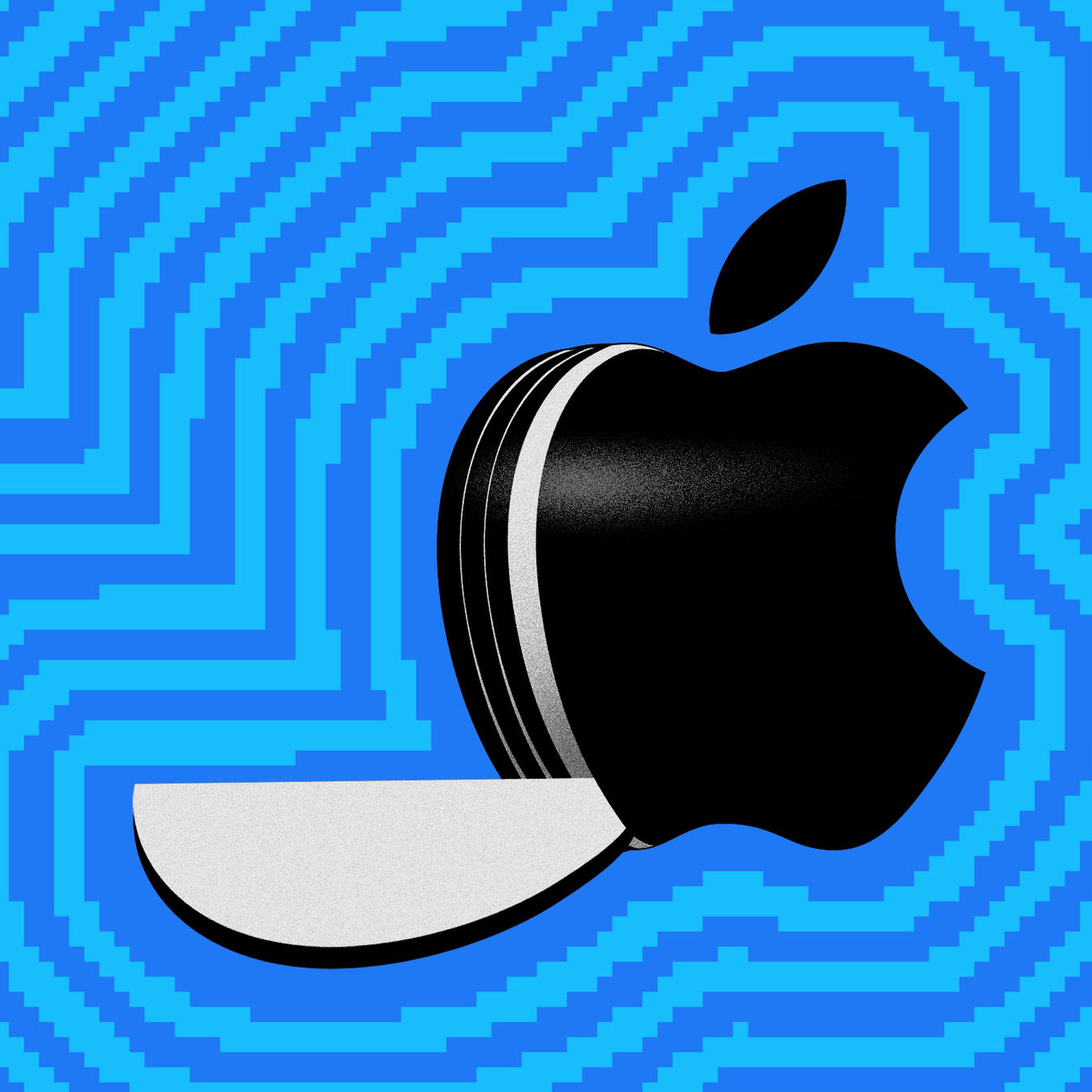 Illustration of the Apple logo with a slice falling out of it, implying breaking up a monopoly.