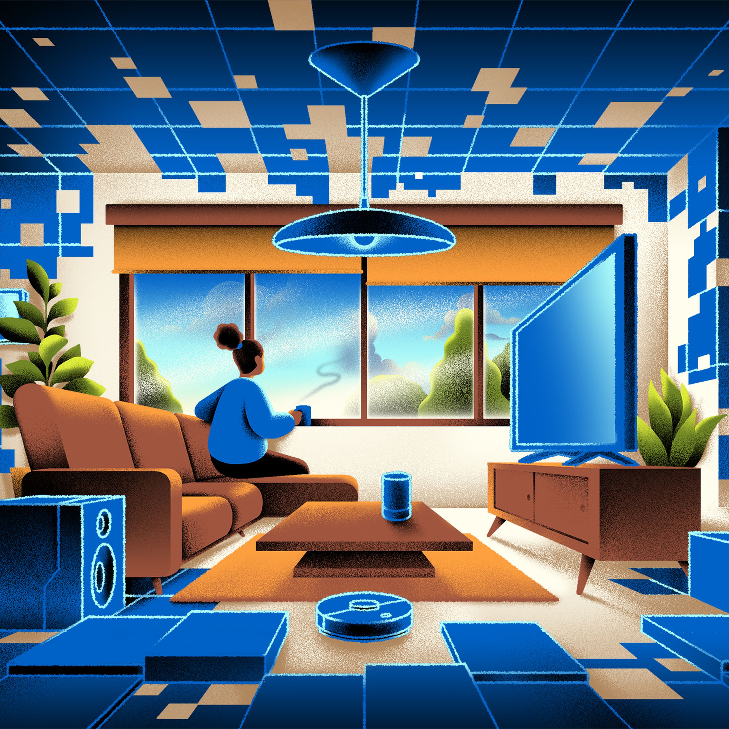 Illustration of a person sitting comfortably in a house filled with smart tech.