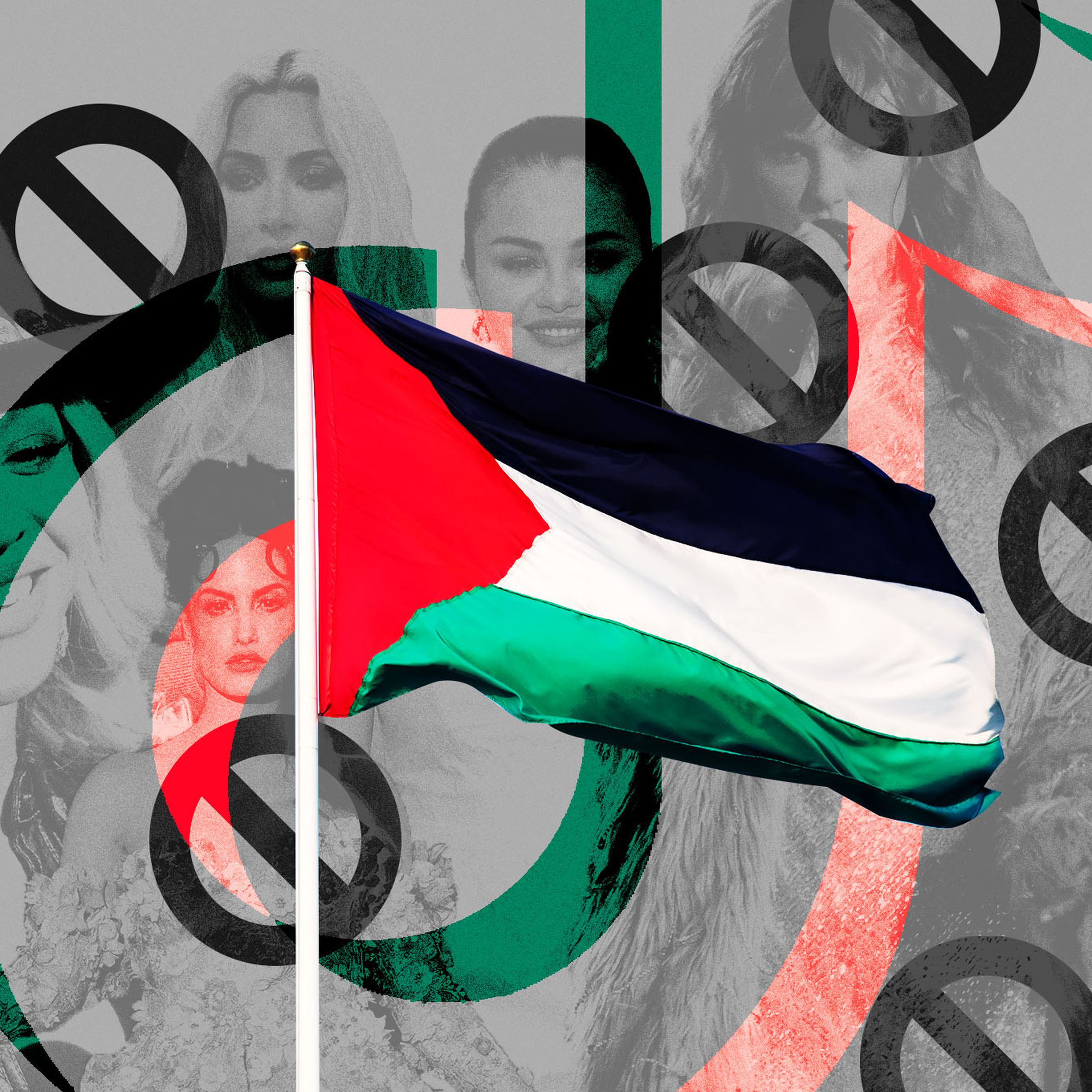 Photo collage of a Palestinian flag in front of a background of celebrity faces and block symbols.