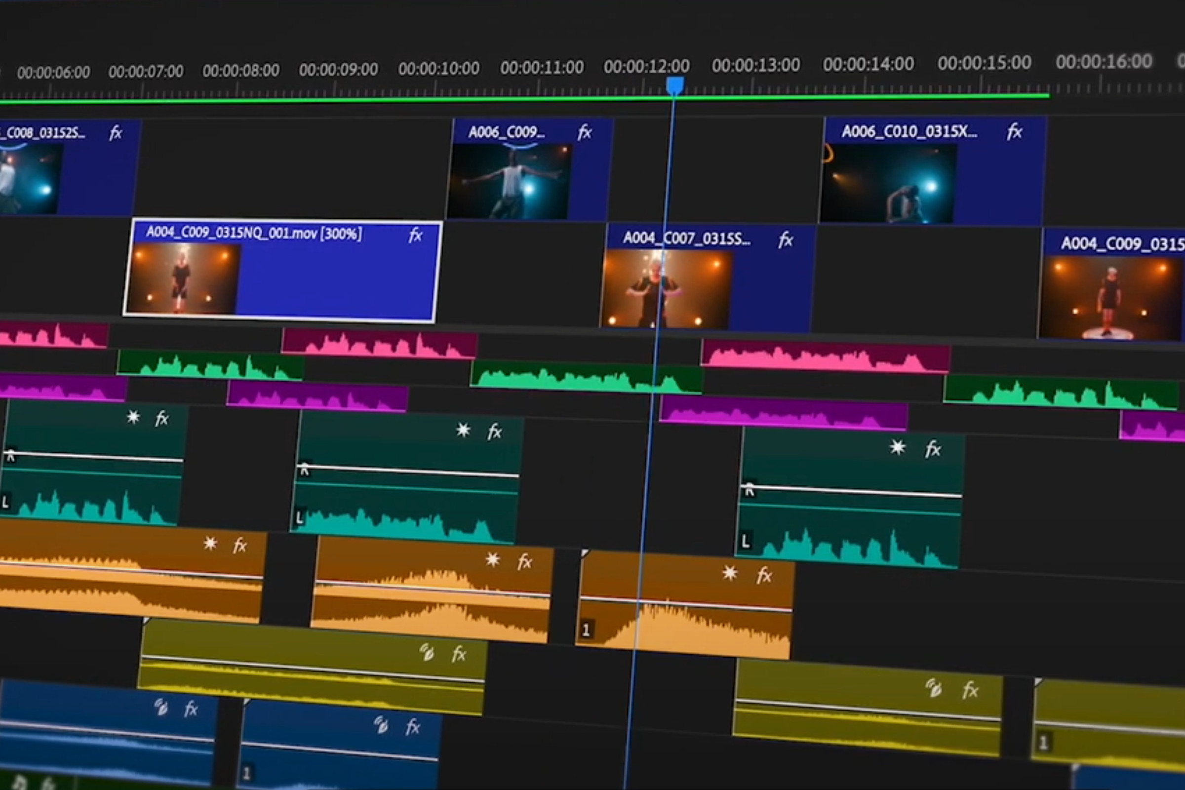A screenshot taken of the Adobe Premiere Pro beta editing timeline with new track effects applied.