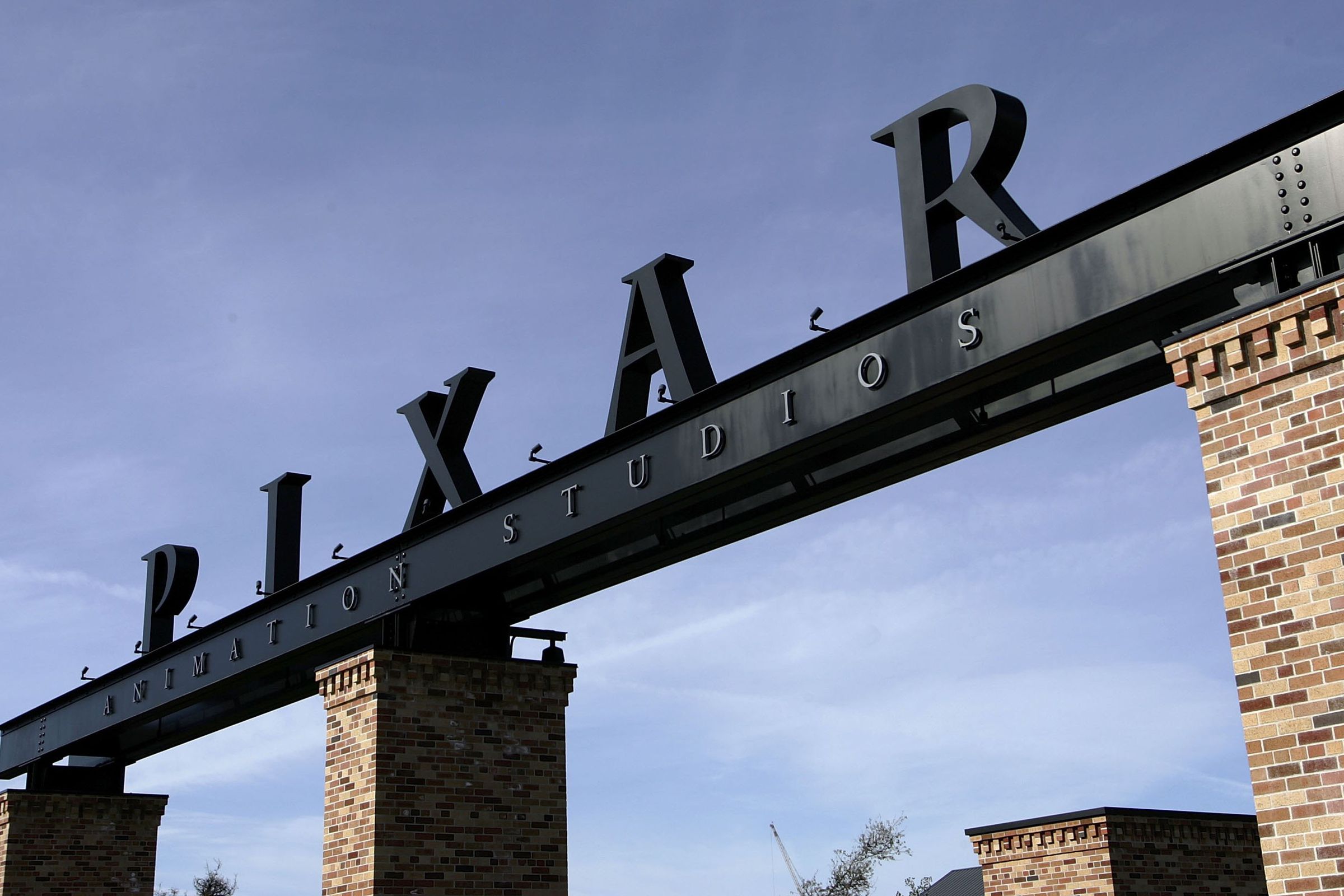 The Pixar logo is seen at the main gate of Pixar Animation Studios on January 19th, 2006, in Emeryville, California.