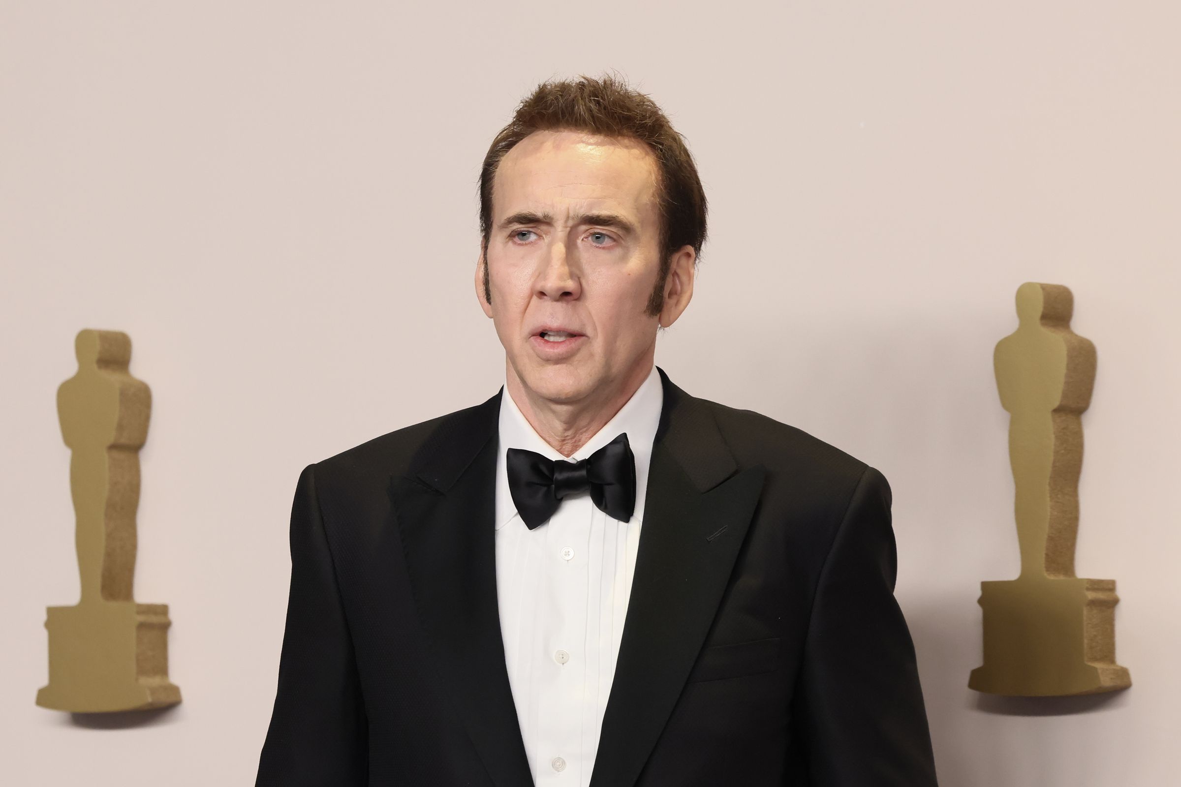 Nicolas Cage poses in the press room during the 96th Annual Academy Awards at Ovation Hollywood on March 10th, 2024, in Hollywood, California.