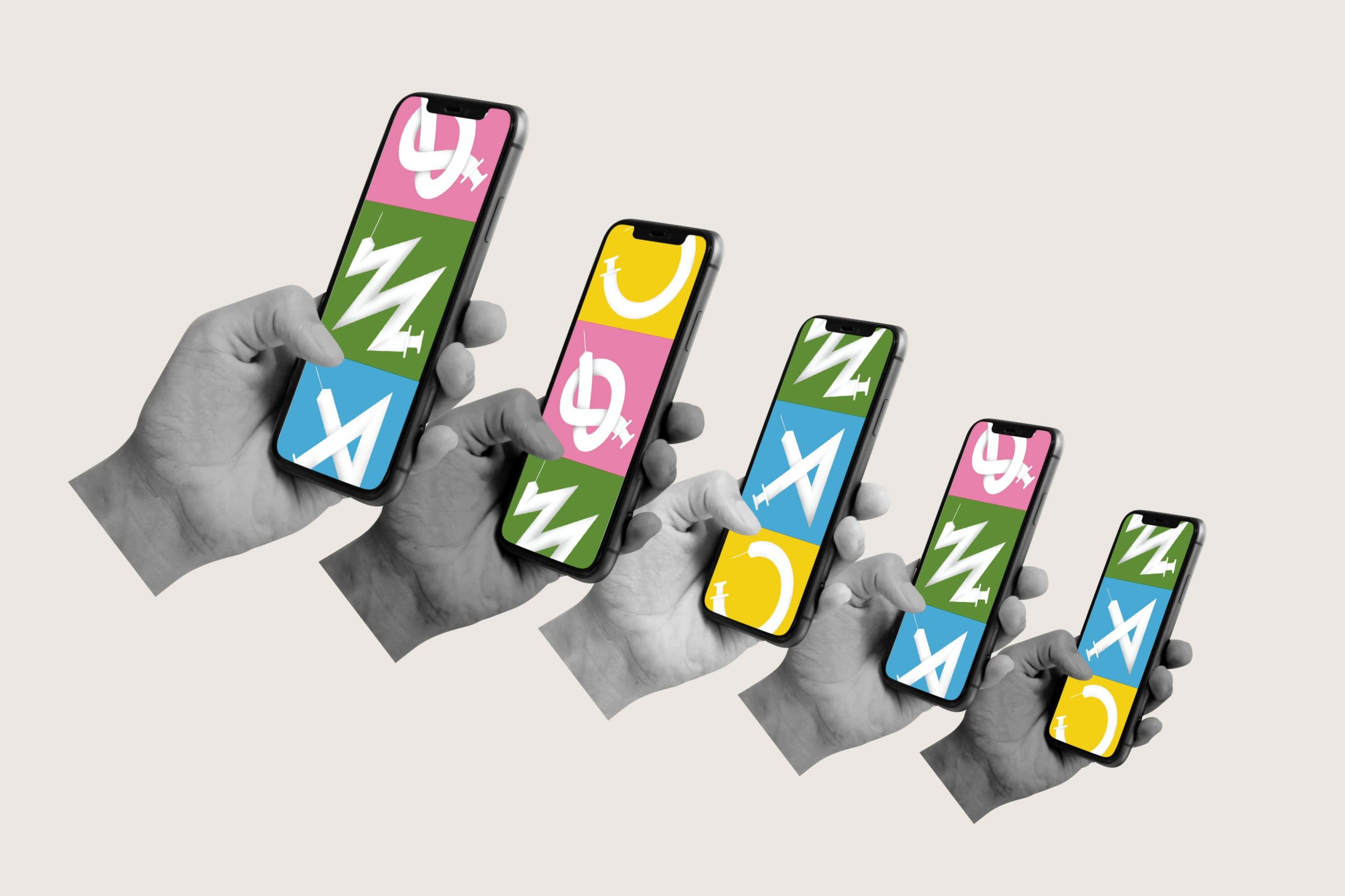 An illustration of five hands, each scrolling through images of syringes twisted out of shape on mobile phones.