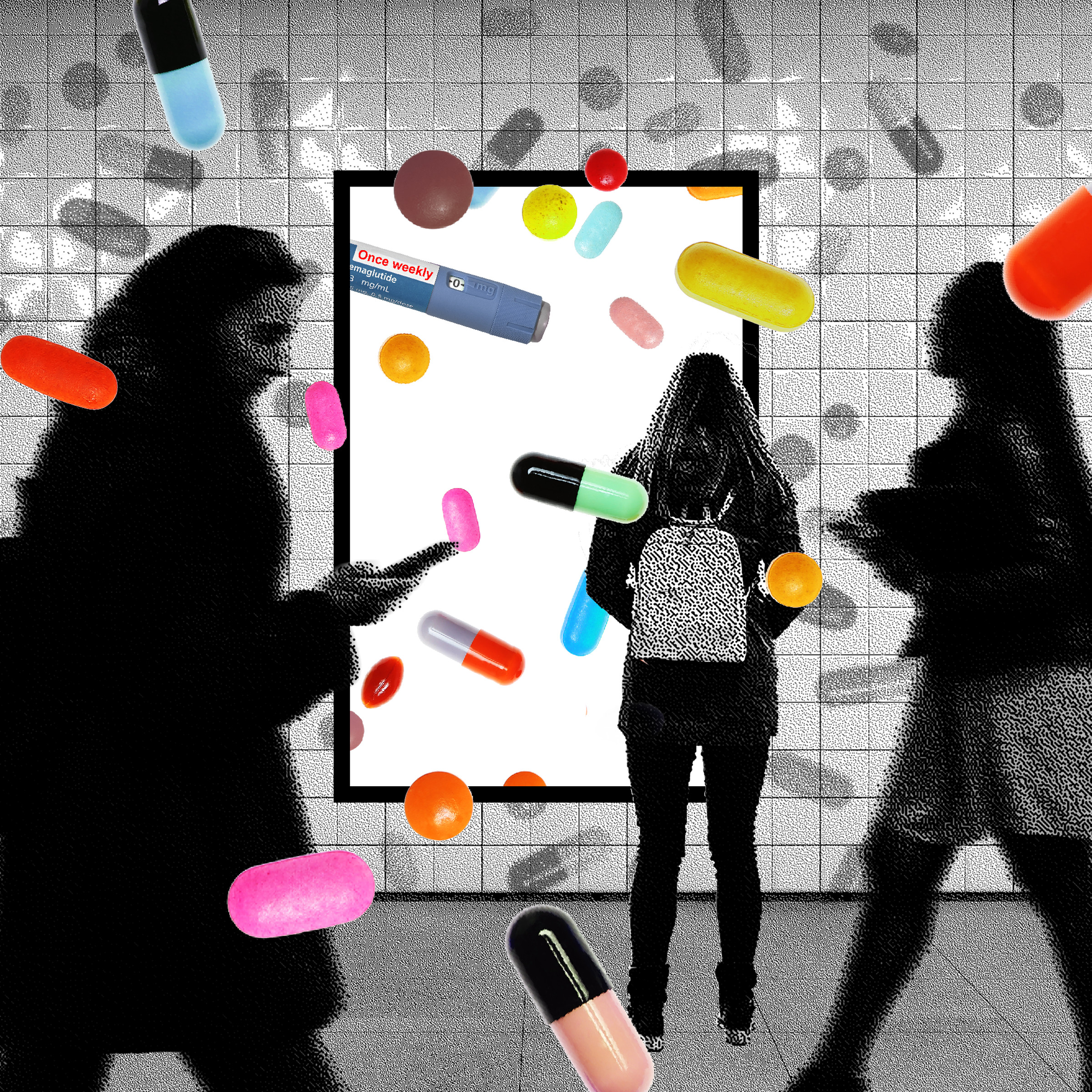 Photo illustration of commuters walking on a subway platform. Pills and medication of various sizes and colors are breaking through a subway and coming toward the viewer.