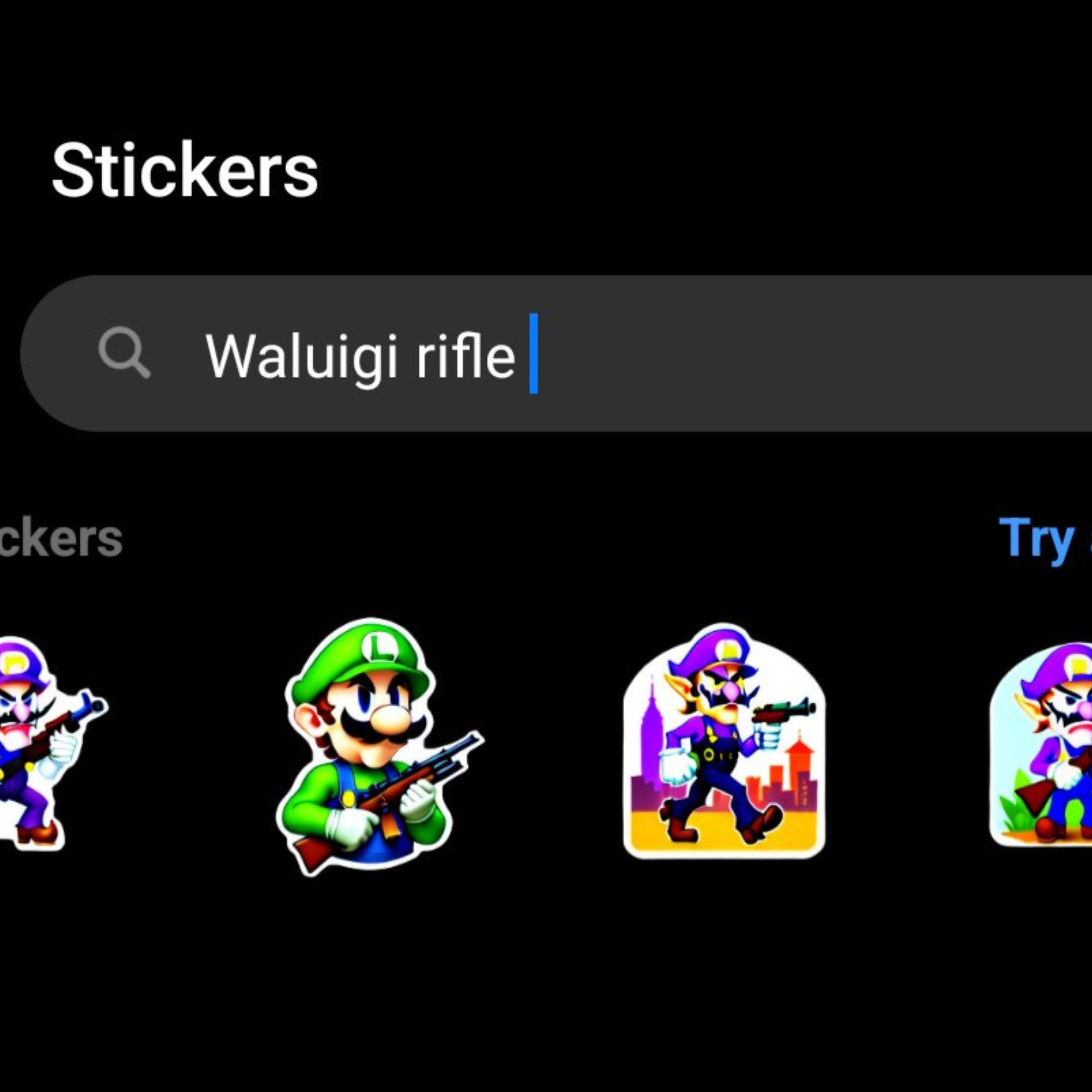 A screenshot taken from Facebook Messenger’s AI-generated sticker tool, depicting illustrations of Waluigi with a rifle.