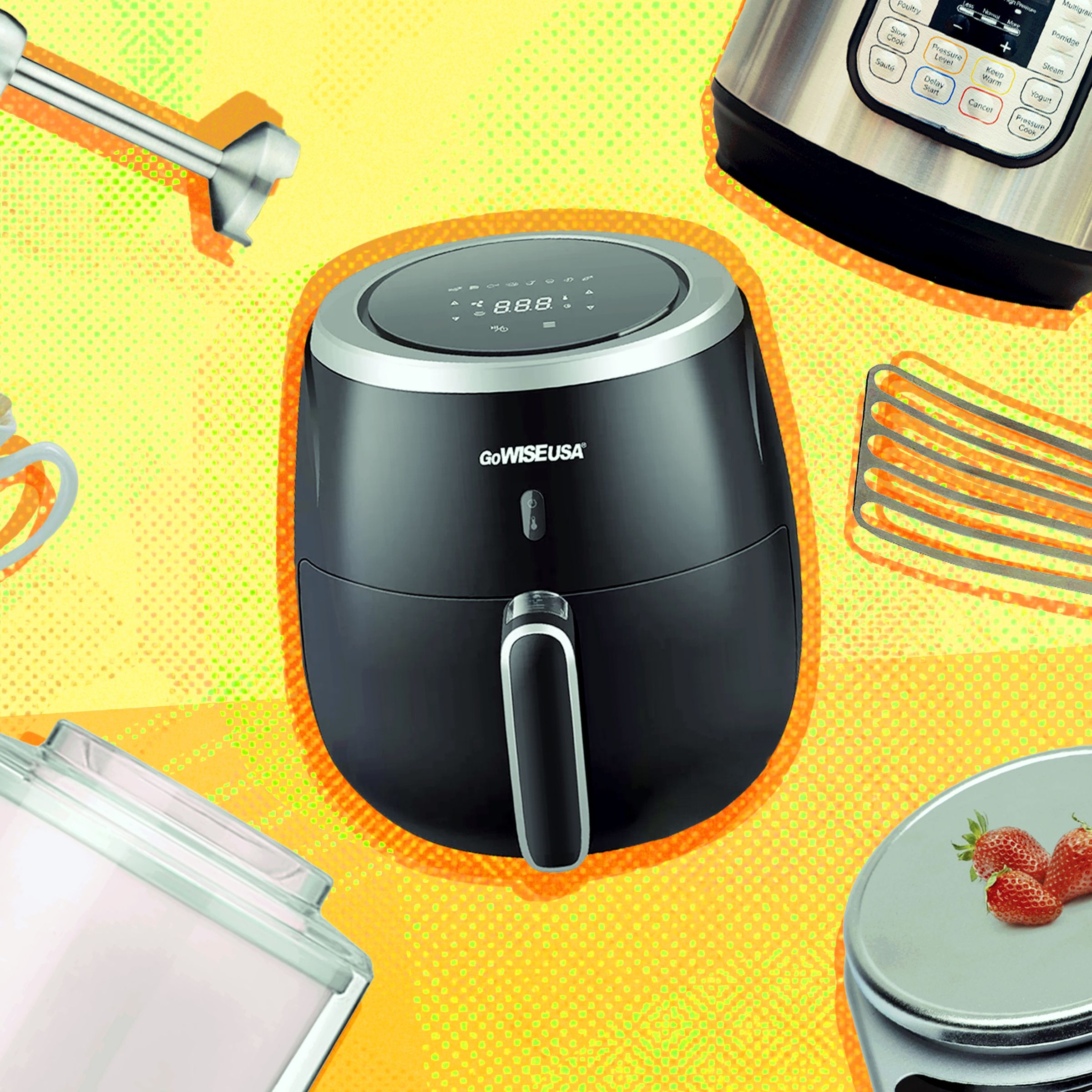 An illustration featuring various kitchen appliances, including an air fryer 