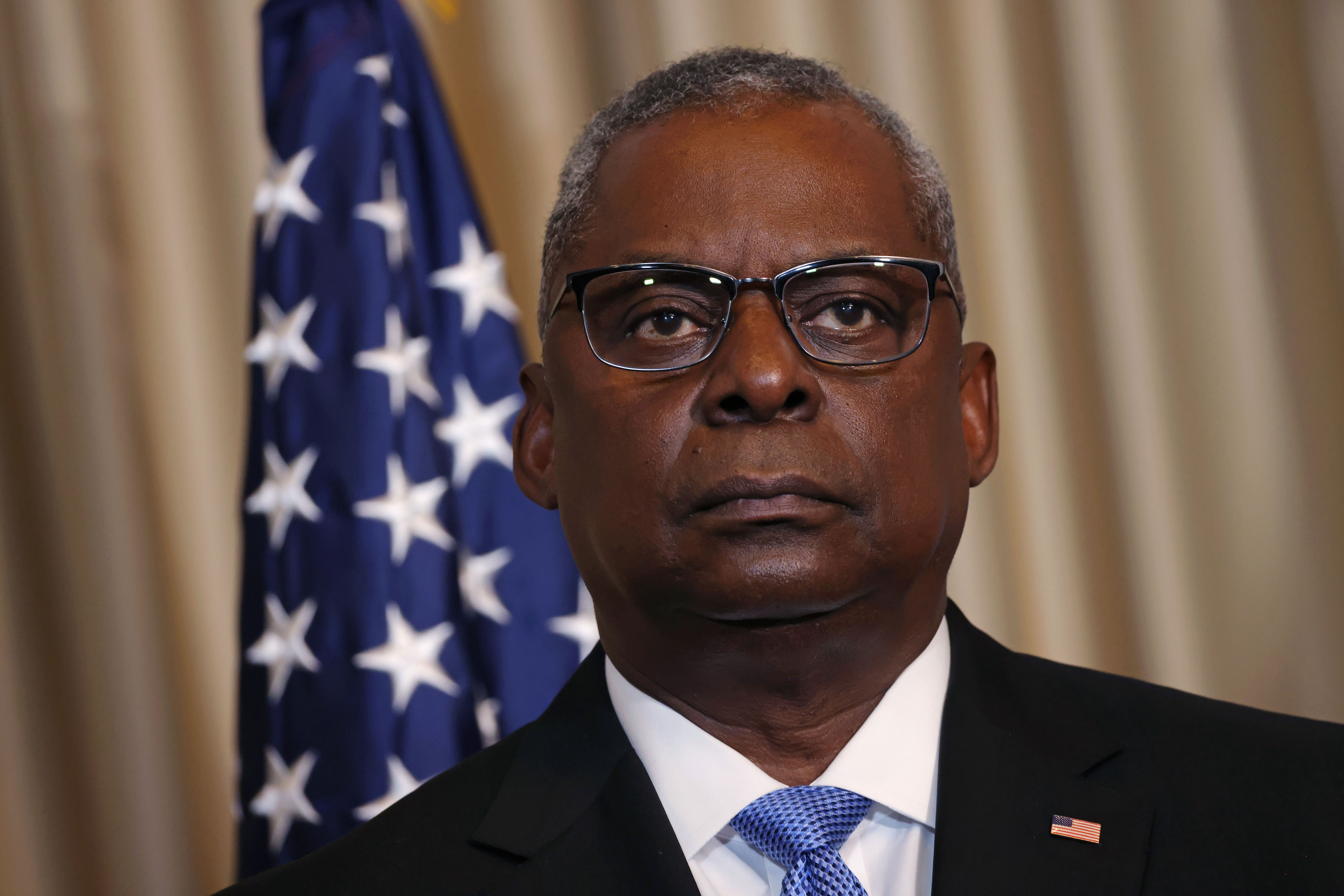 US Defense Secretary Lloyd Austin attends a press conference in Ramstein-Miesenbach, Germany, on September 19. 