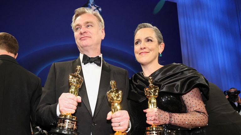 Christopher Nolan and Emma Thomas at this year&#39;s Governors Ball after the Oscars. Pic: Reuters