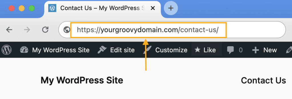 An arrow points to a page URL in the site address bar.
