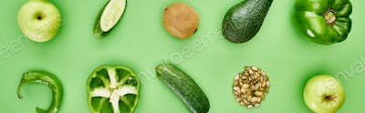panoramic shot of peppers, cucumbers, kiwi, apples, pumpkin seeds and avocado