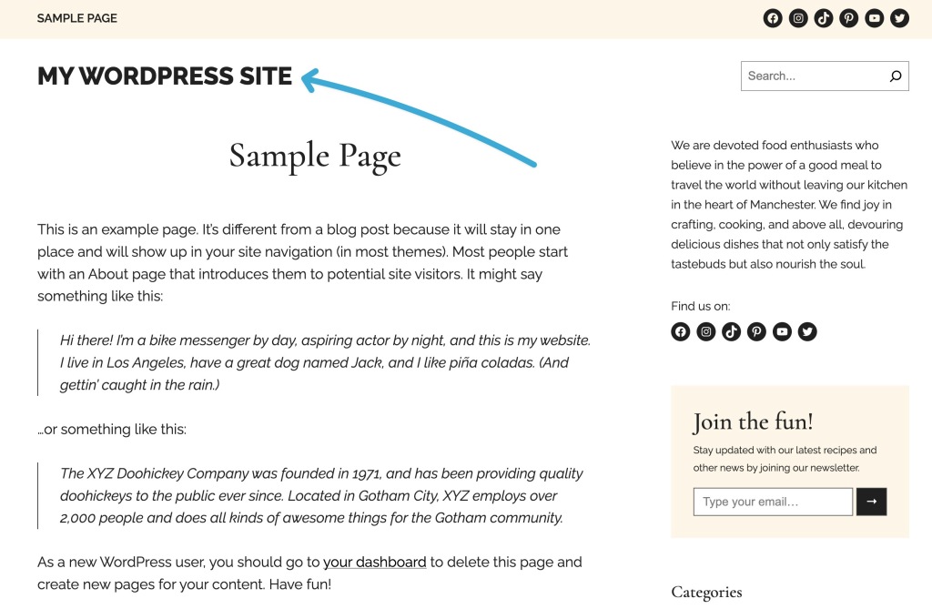 Srceenshot of frontend view of WordPress site title