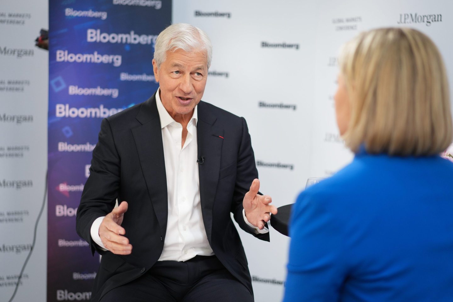 Jamie Dimon, chief executive officer of JPMorgan Chase, during a Bloomberg Television interview on the sidelines of the JPMorgan Global Markets Conference in Paris, France, on Thursday, May 16, 2024.