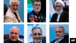 The six approved candidates in Iran's upcoming presidential election (clockwise from top right): Saeed Jalili, Amirhossein Ghazizadeh Hashemi, Mostafa Pourmohammadi, Mohammad Baqer Qalibaf, Alireza Zakani, Masud Pezeshkian (composite file photo)