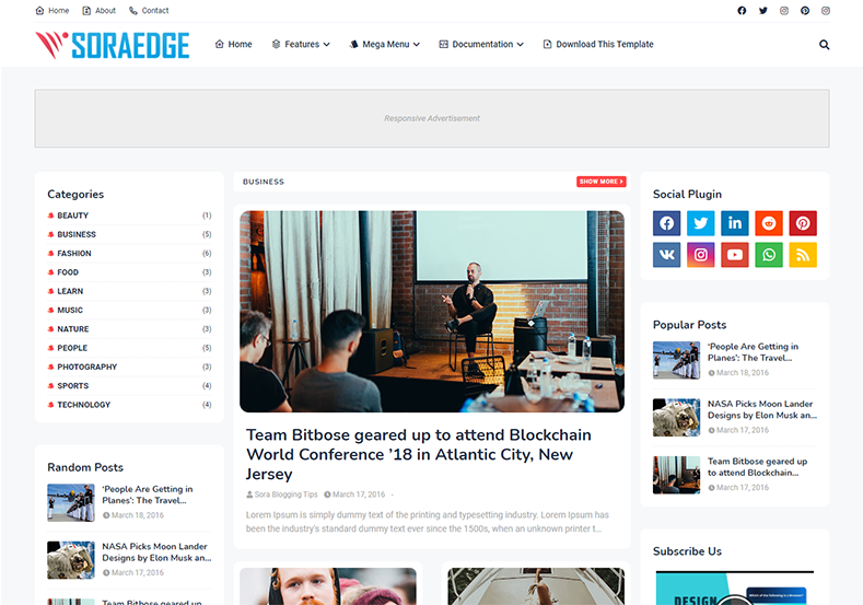 Soraedge Blogger Template is an exceptional and outstanding looking blogspot theme with flexible and fast loading layout.
