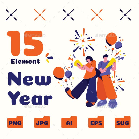 Orange Blue Flat Design New Year Element Pack
