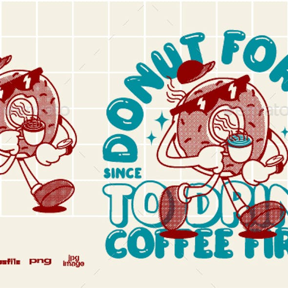 Retro Donut Character Drinking Coffee