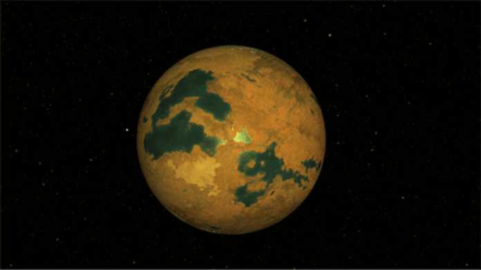 Computergenerierte Darstellung eines orangenen Exoplanet mit grünlichen Gewässern