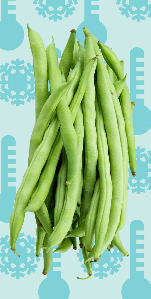 a bunch of green beans against a blue background