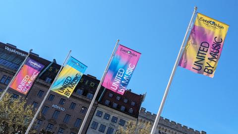 Eurovision flags in the centre of Malmö, Sweden, the host city of Eurovision 2024