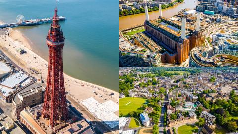 A modern-day aerial view of Blackpool Tower with the Central pier, Battersea Power Station in London and Oxford city centre