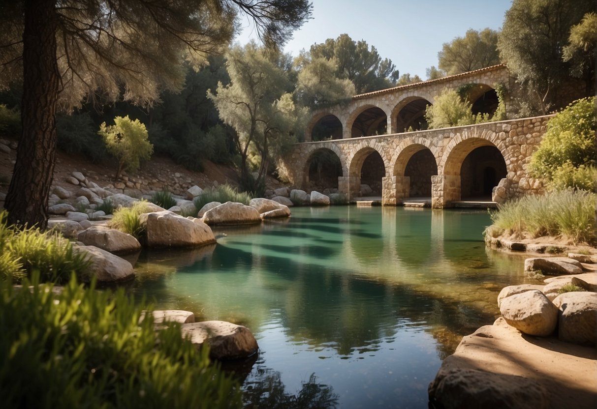 A serene scene of a tranquil balneario in Portugal near Salamanca, with natural hot springs and lush greenery, promoting relaxation and health benefits